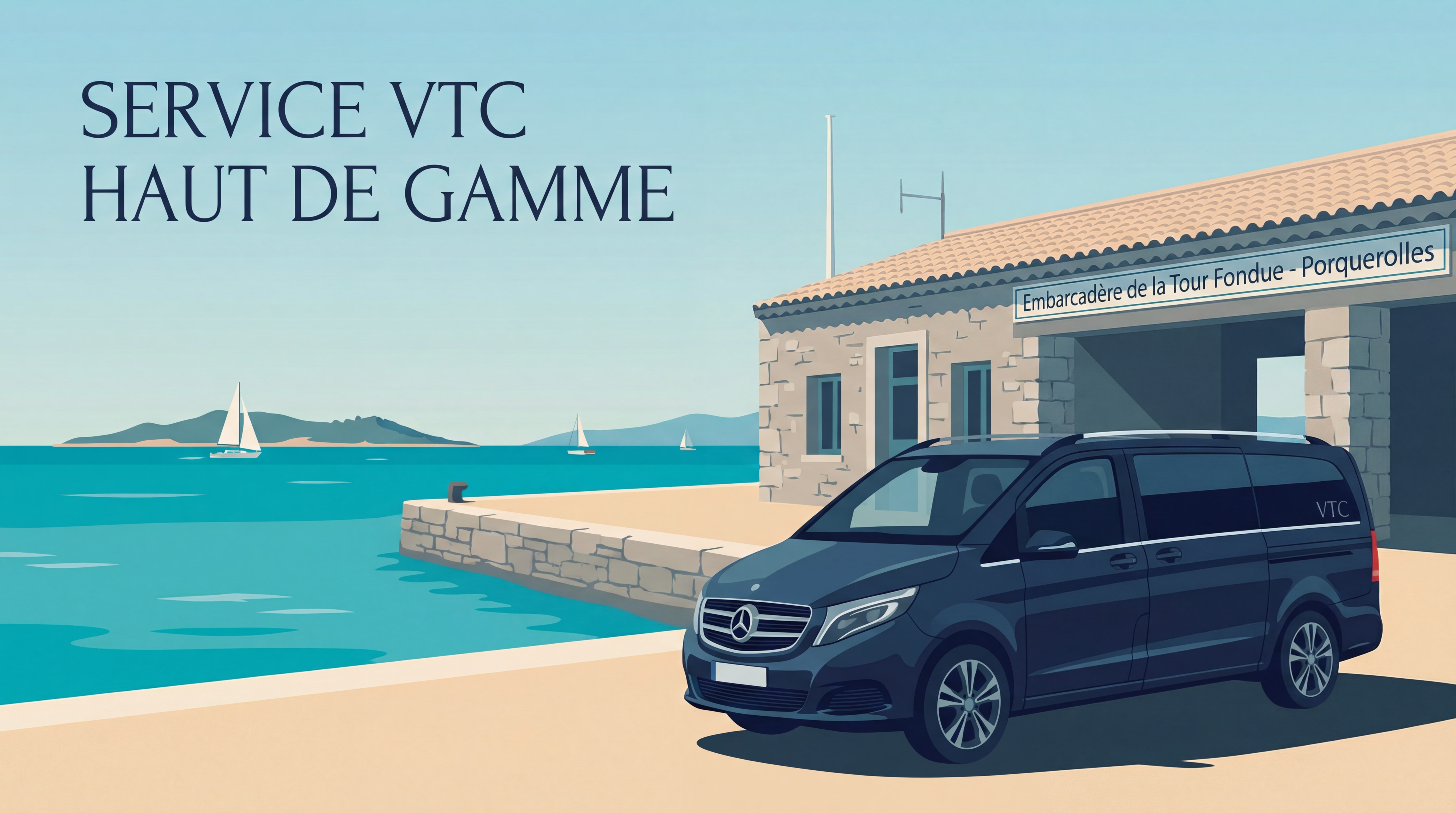 Mercedes Classe V VTC devant l'embarcadère de la Tour Fondue à Giens avec vue sur la mer Méditerranée