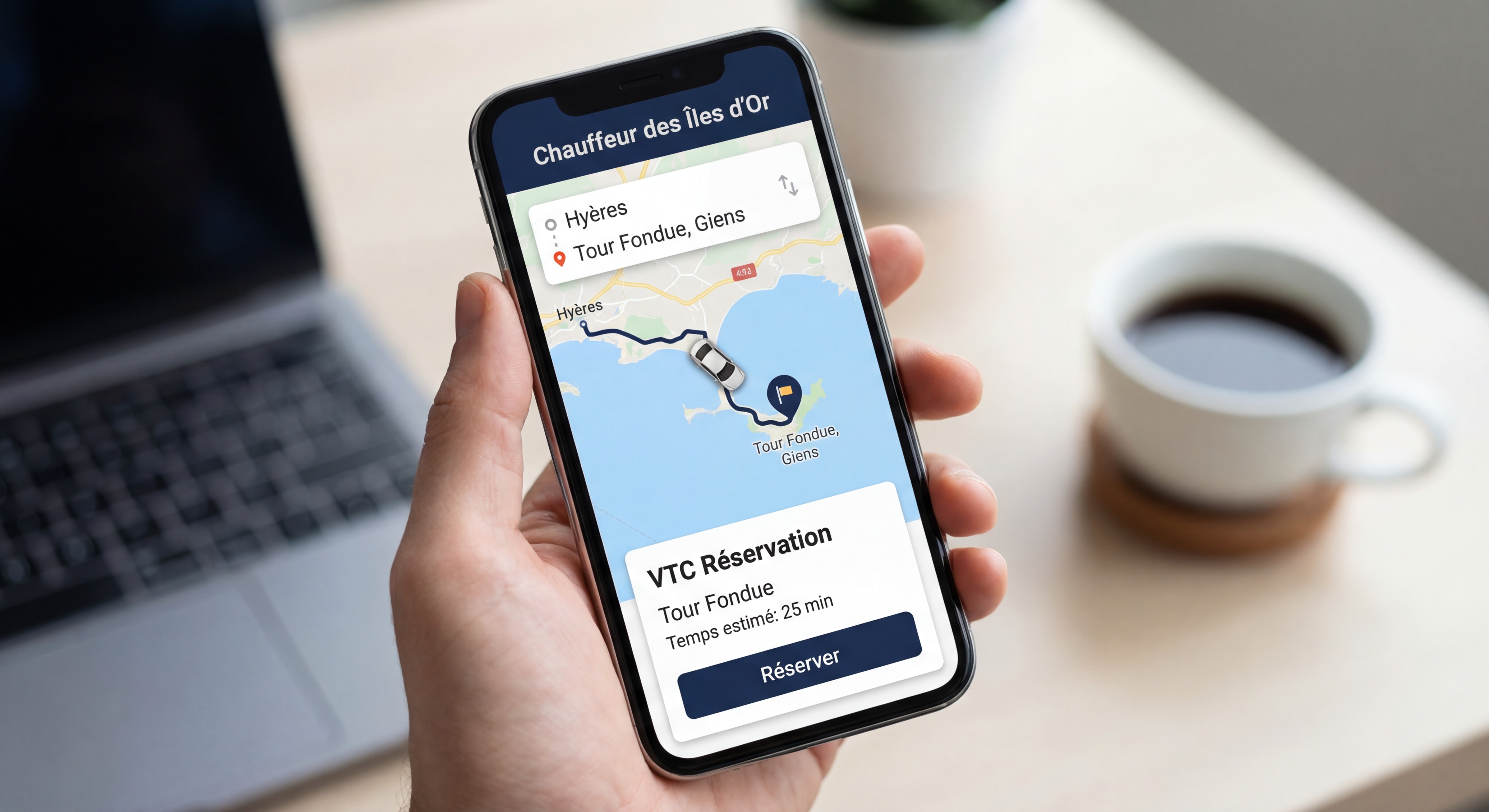 Capture écran application mobile Chauffeur des Îles d'Or montrant interface de réservation VTC Tour Fondue avec suivi GPS