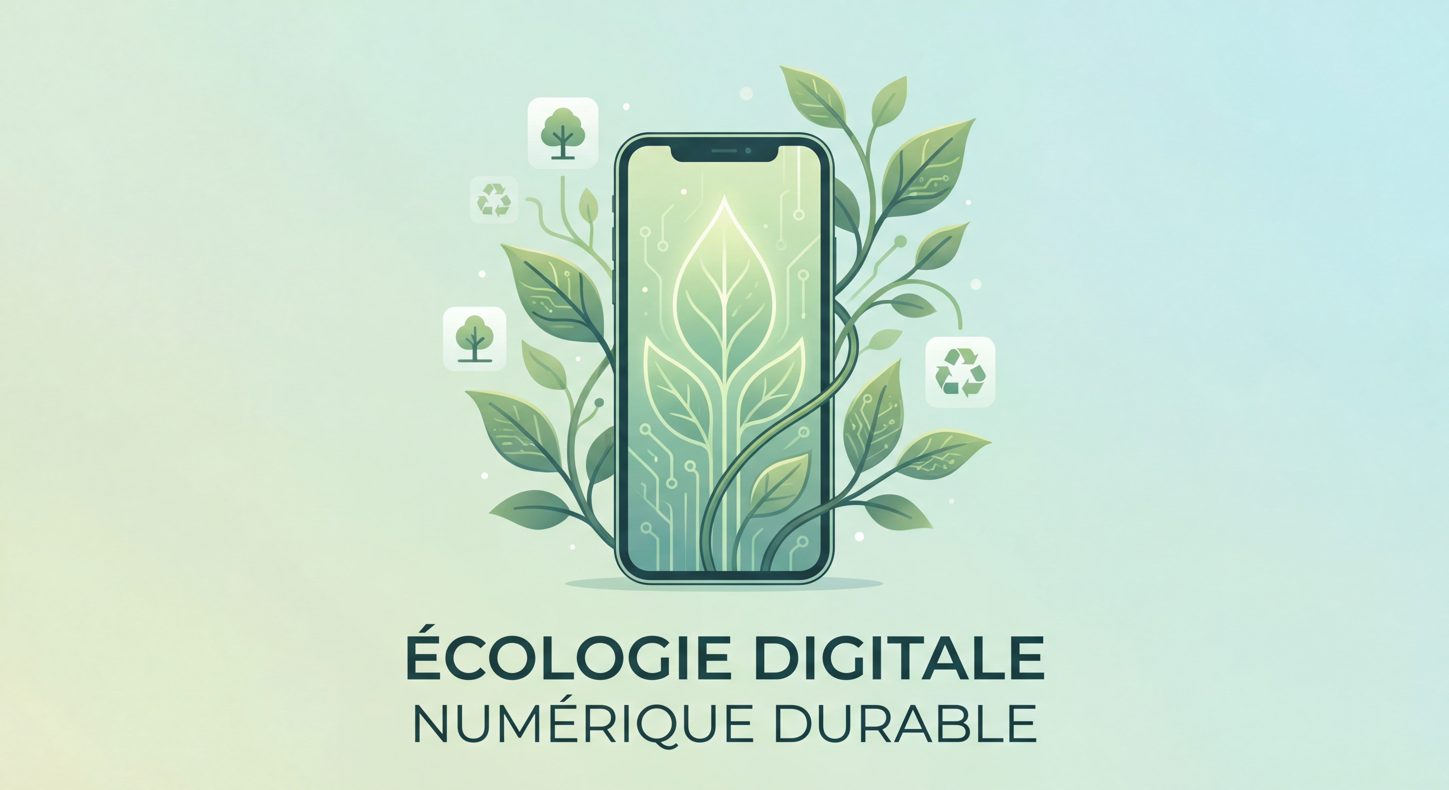 Illustration d'un smartphone entouré de feuilles vertes symbolisant le numérique durable et l'écologie digitale