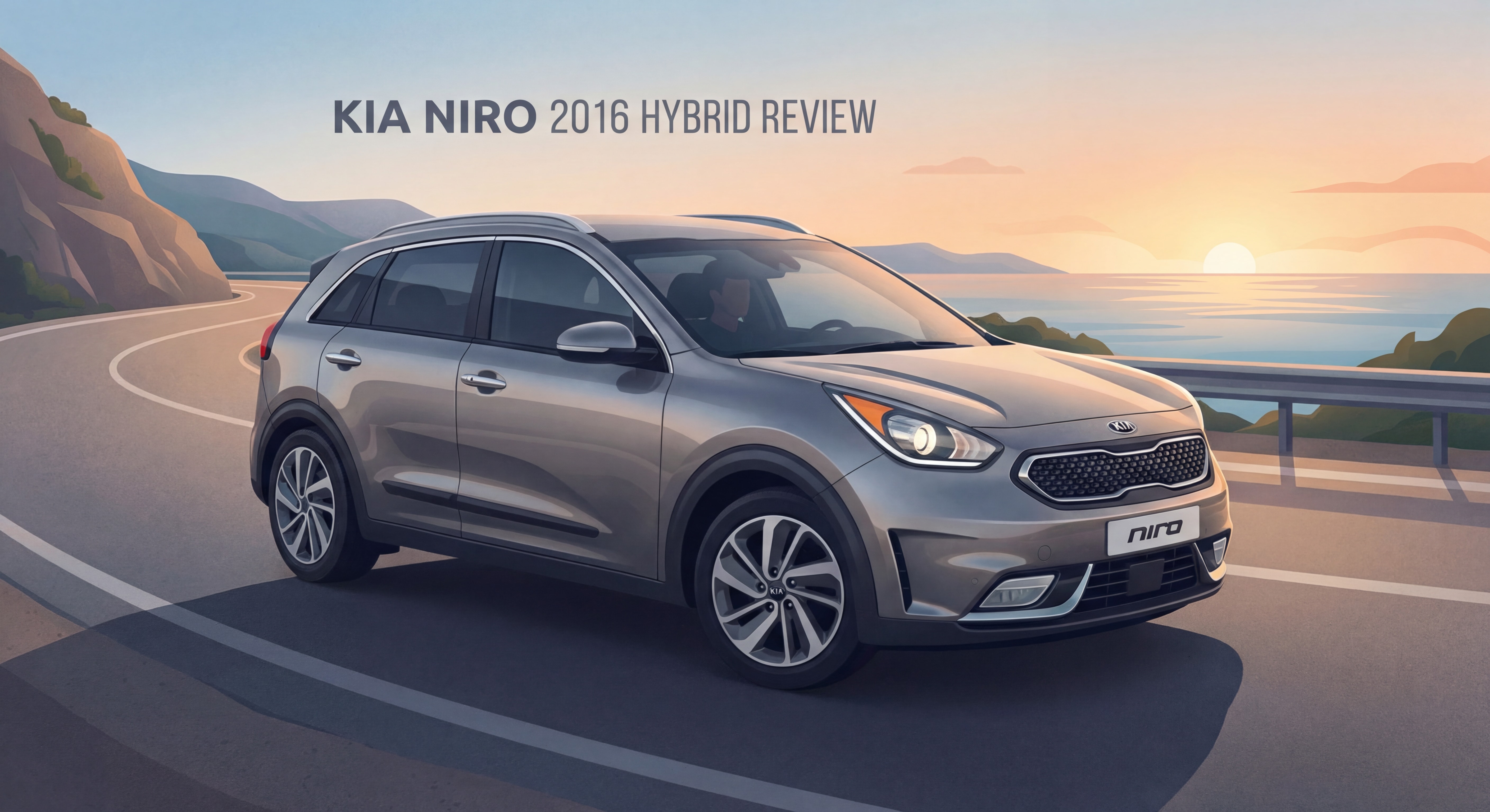 Kia Niro 2016 hybride gris métallisé vue trois quarts avant sur route, crossover compact coréen