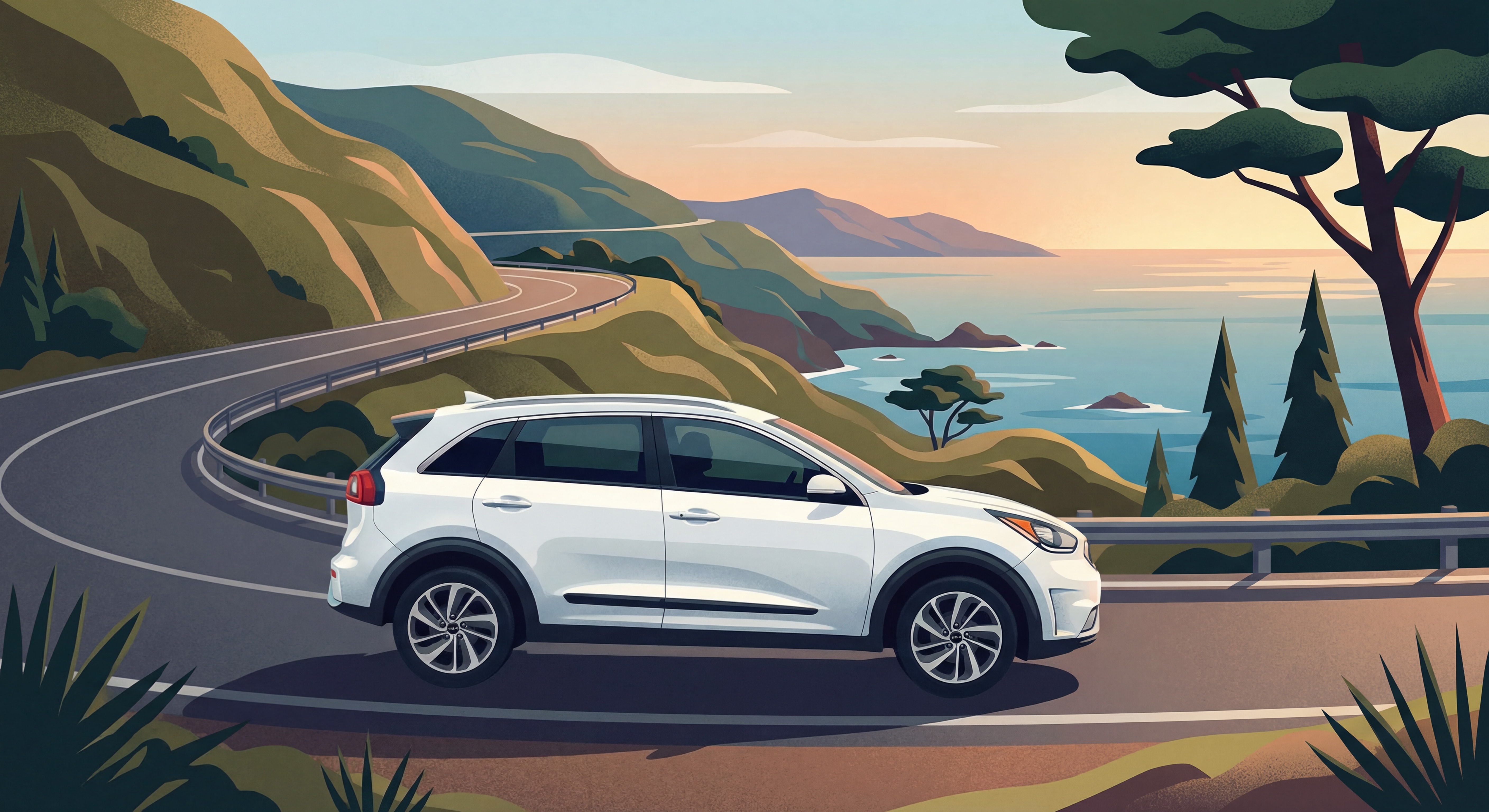 Kia Niro 2016 hybride vue de profil sur route panoramique