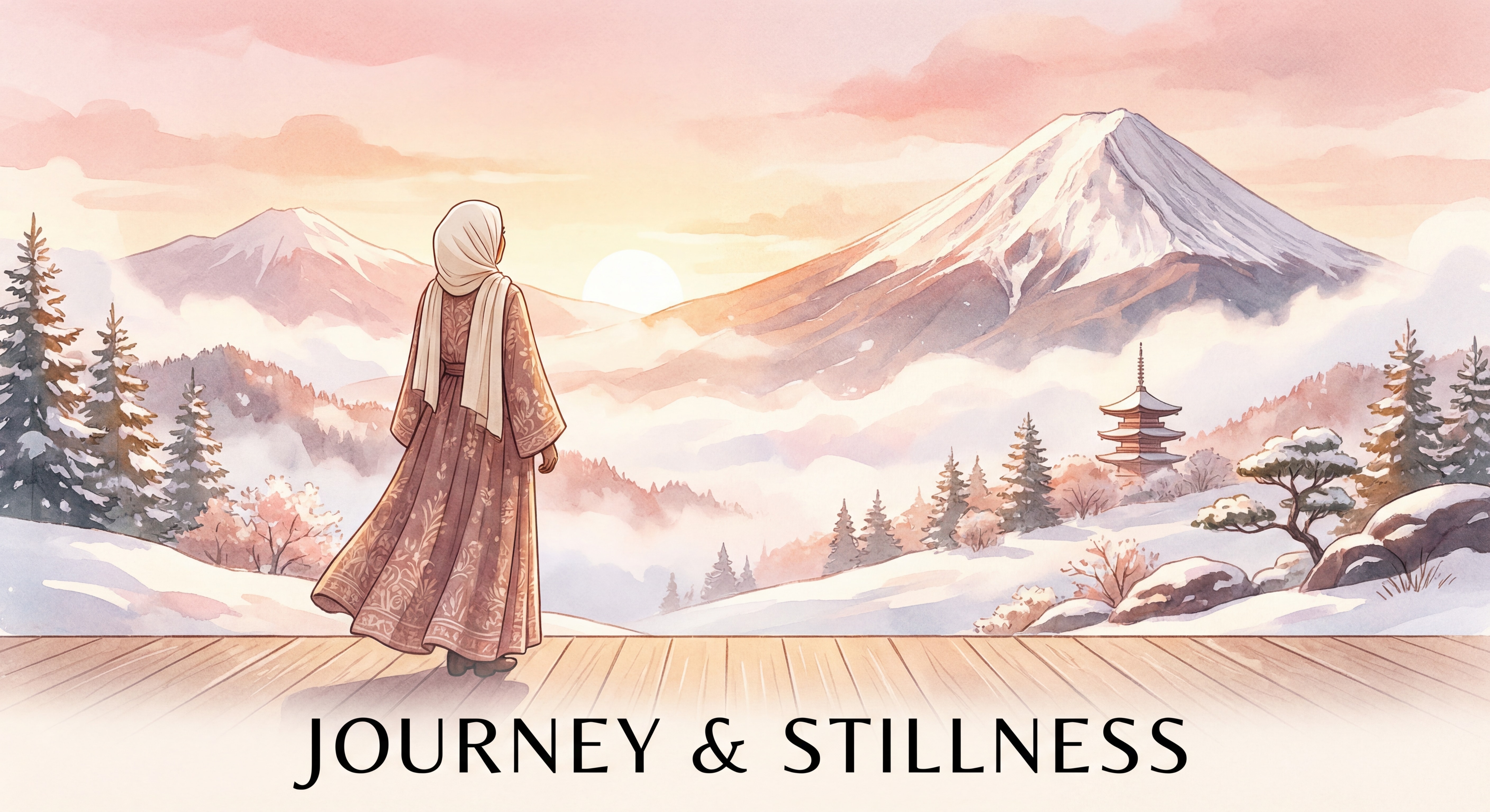 Femme musulmane élégante de dos contemplant un paysage de montagne japonaise enneigé au lever du soleil, atmosphère vaporeuse et sereine