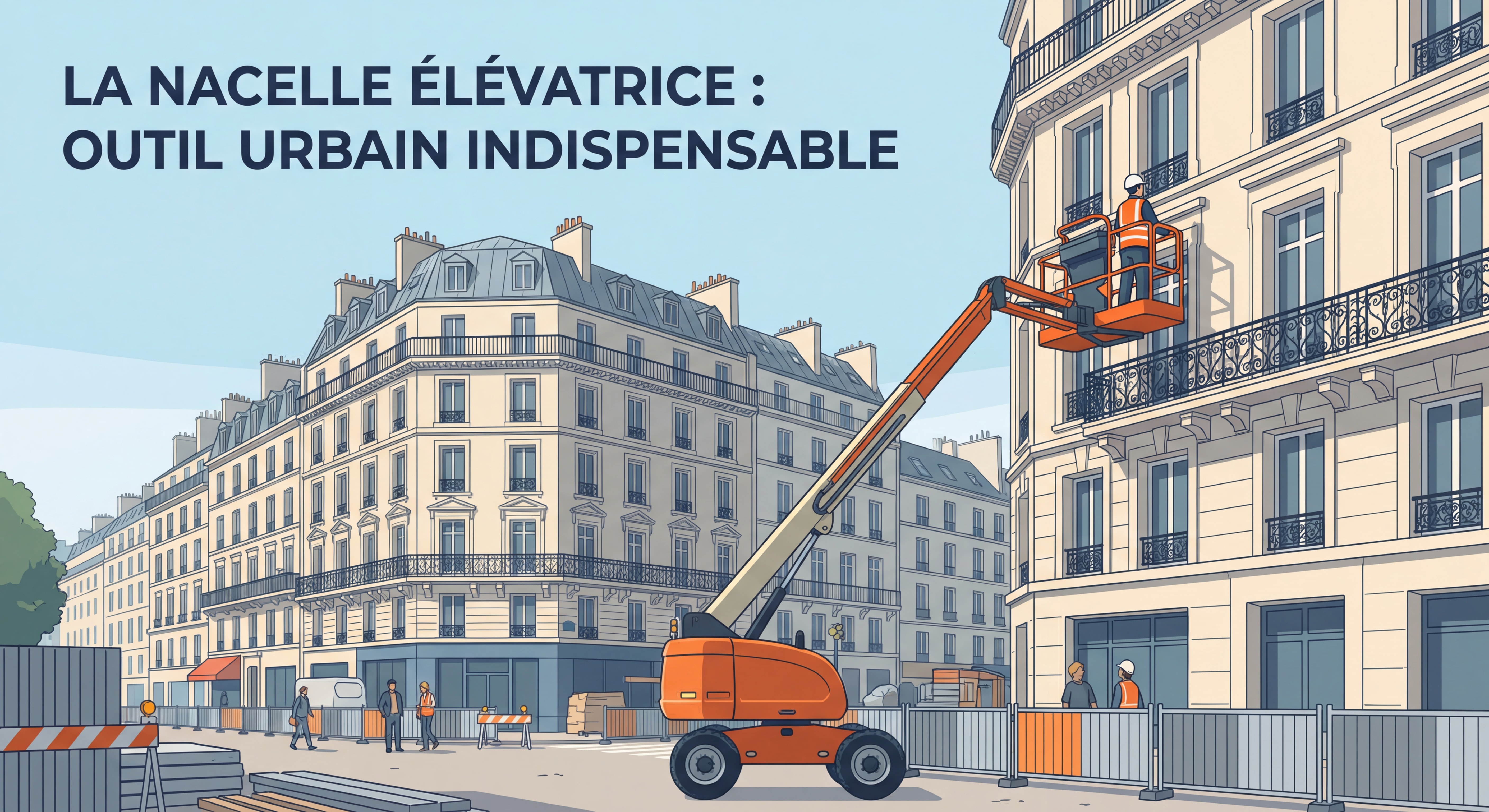 Nacelle élévatrice articulée en action sur un chantier parisien avec immeubles haussmanniens en arrière-plan