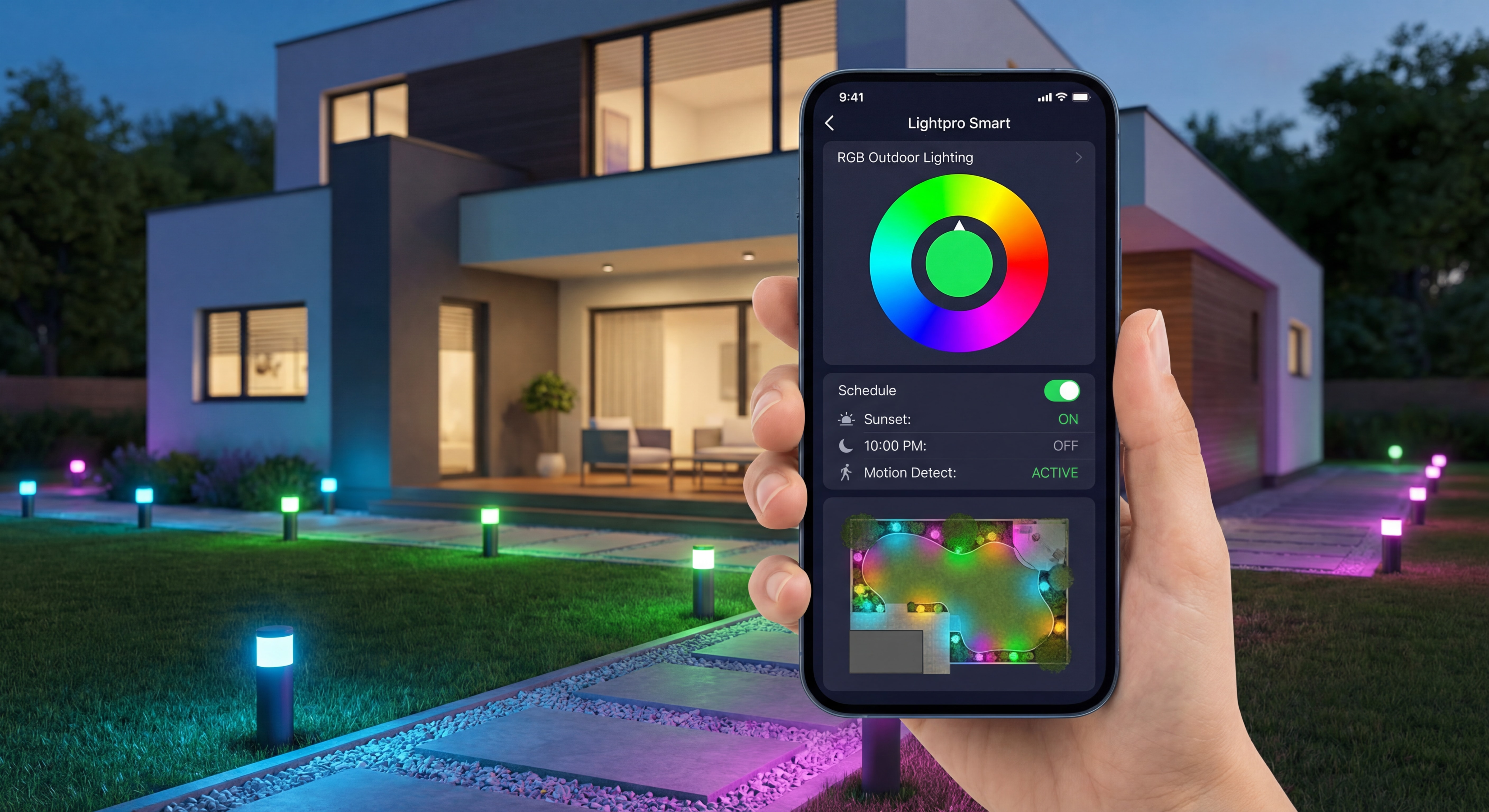 Application mobile Lightpro Smart contrôlant l'éclairage extérieur RGB avec programmation horaire et détecteur de mouvement