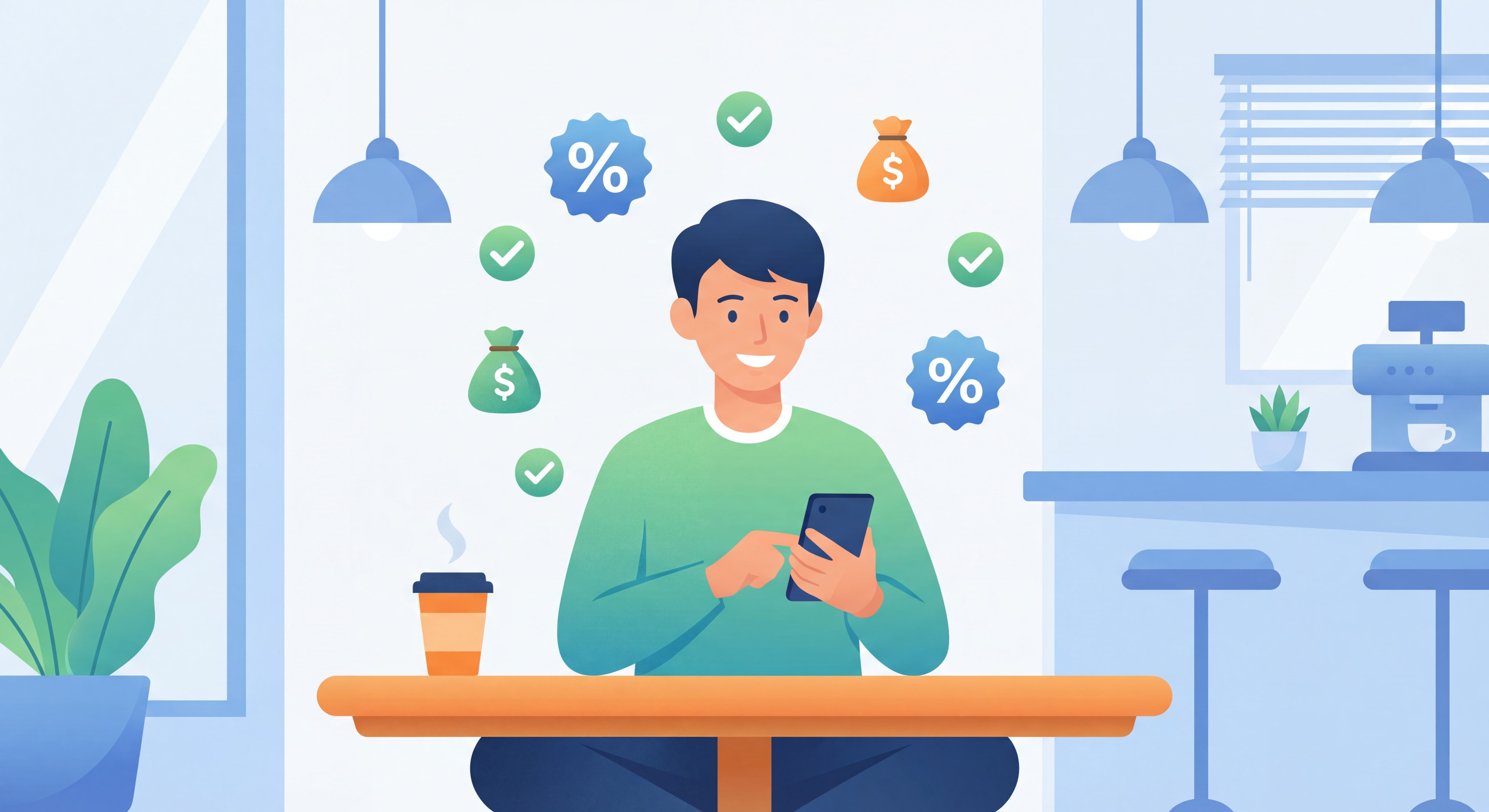 Personne utilisant un smartphone pour comparer des prix en ligne avec des icônes de réduction et de cashback