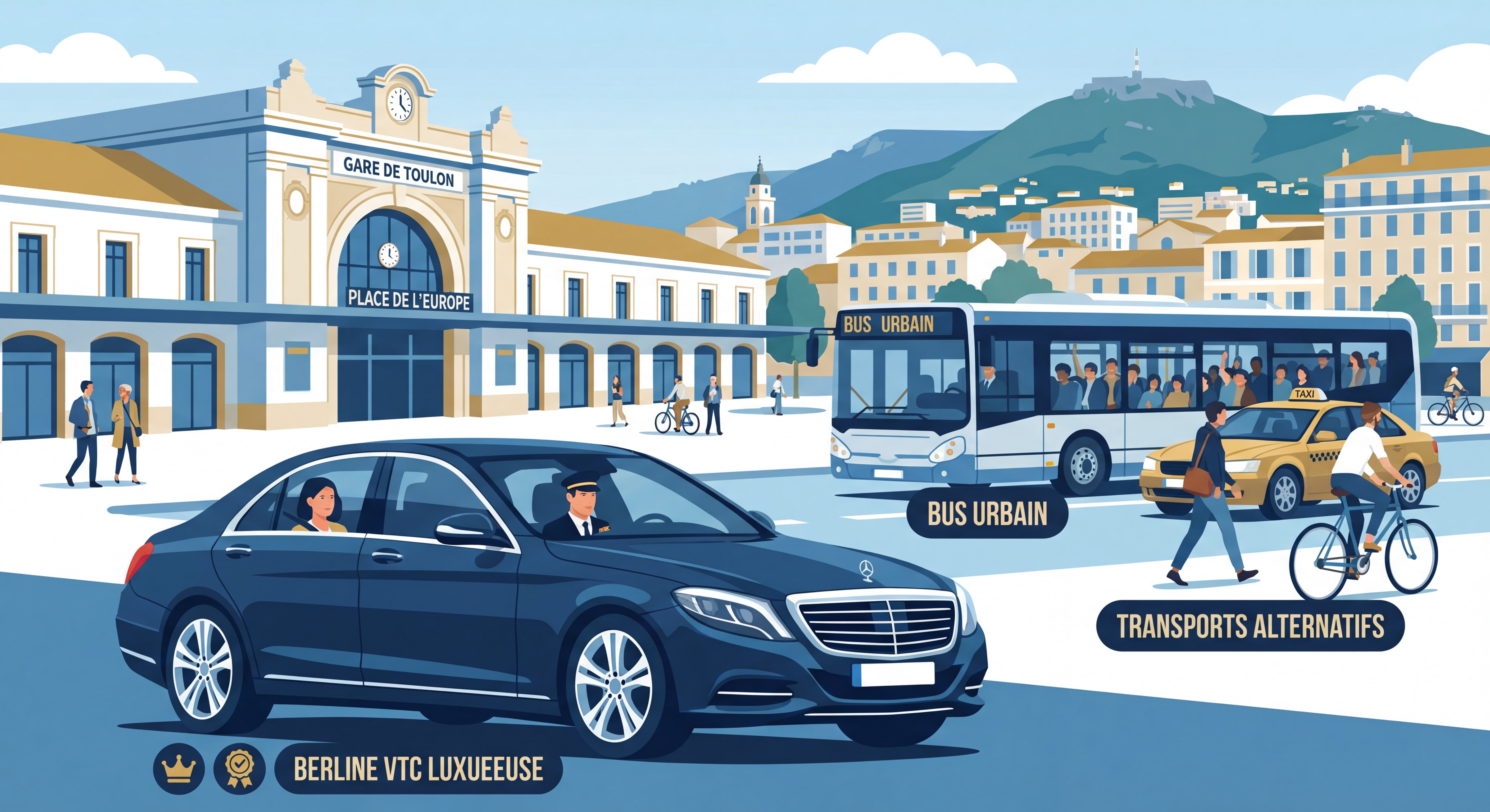 Comparaison visuelle entre berline VTC luxueuse et autres moyens de transport à la gare de Toulon