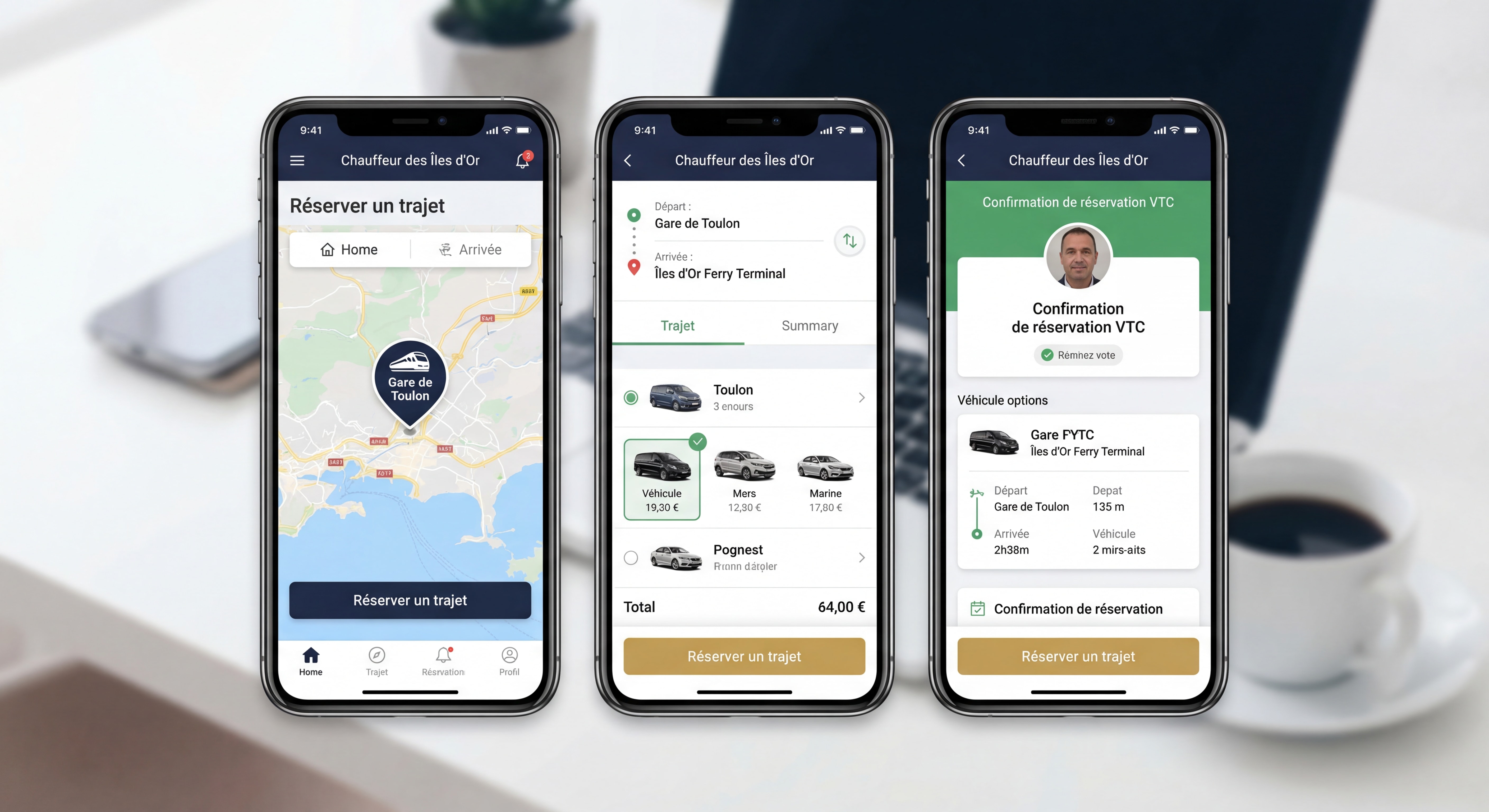 Screenshots de l'application mobile Chauffeur des Îles d'Or montrant l'interface de réservation VTC gare Toulon