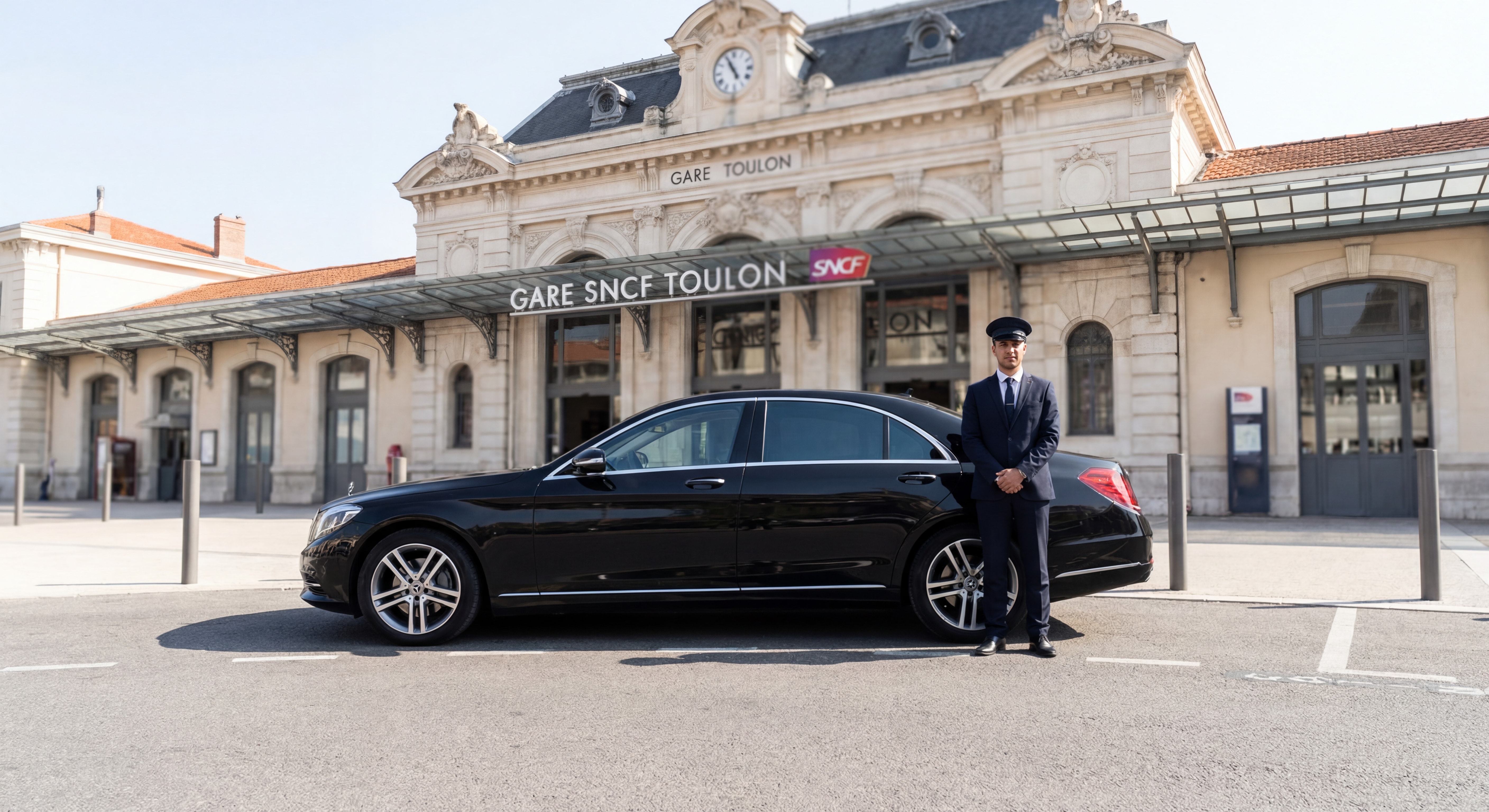 Berline VTC premium stationnée devant la gare SNCF de Toulon avec chauffeur professionnel