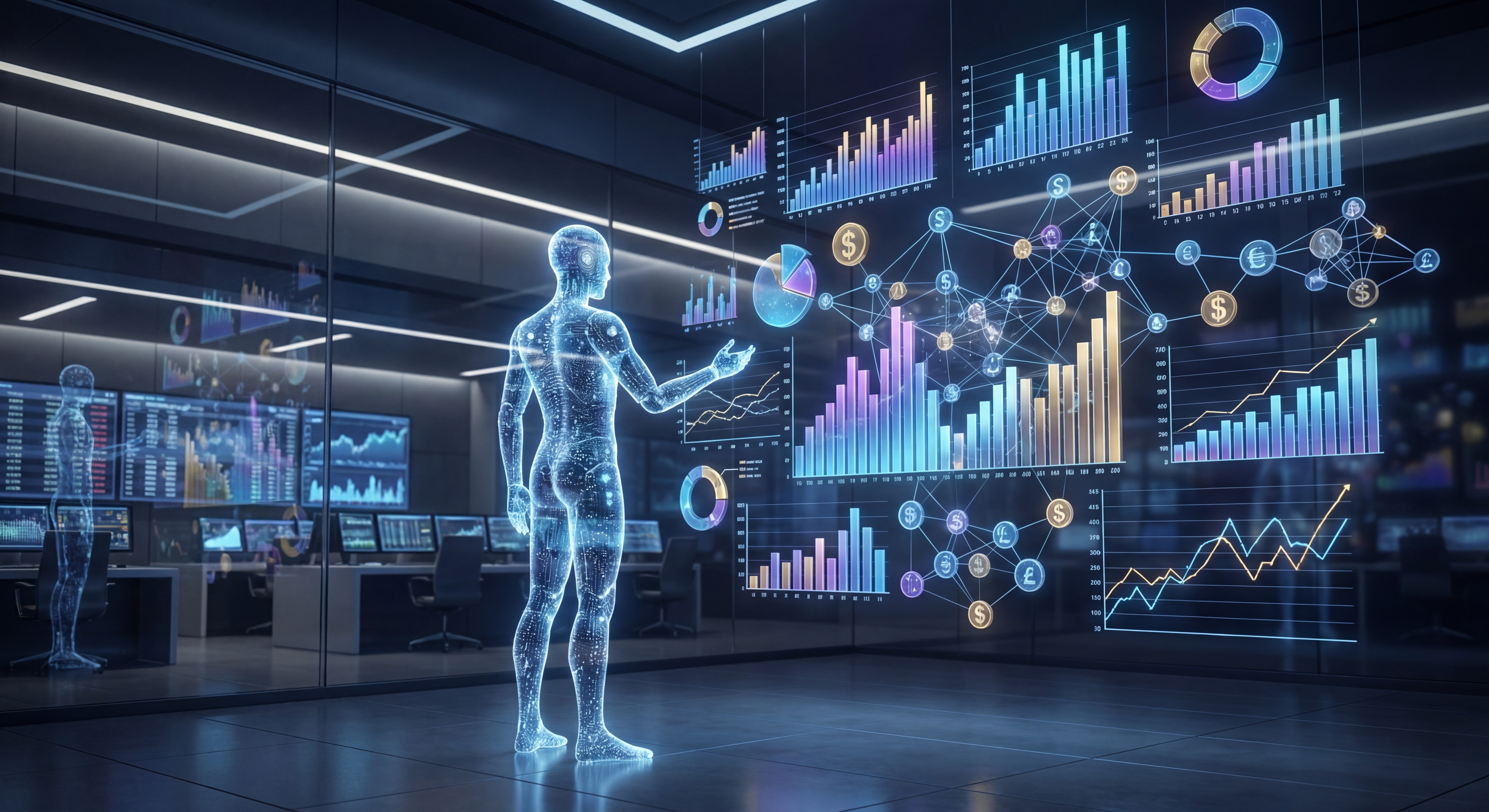 Environnement financier avec visualisations de données holographiques et agent IA analysant des flux financiers, rendu cinéma premium, éclairage dramatique, composition équilibrée