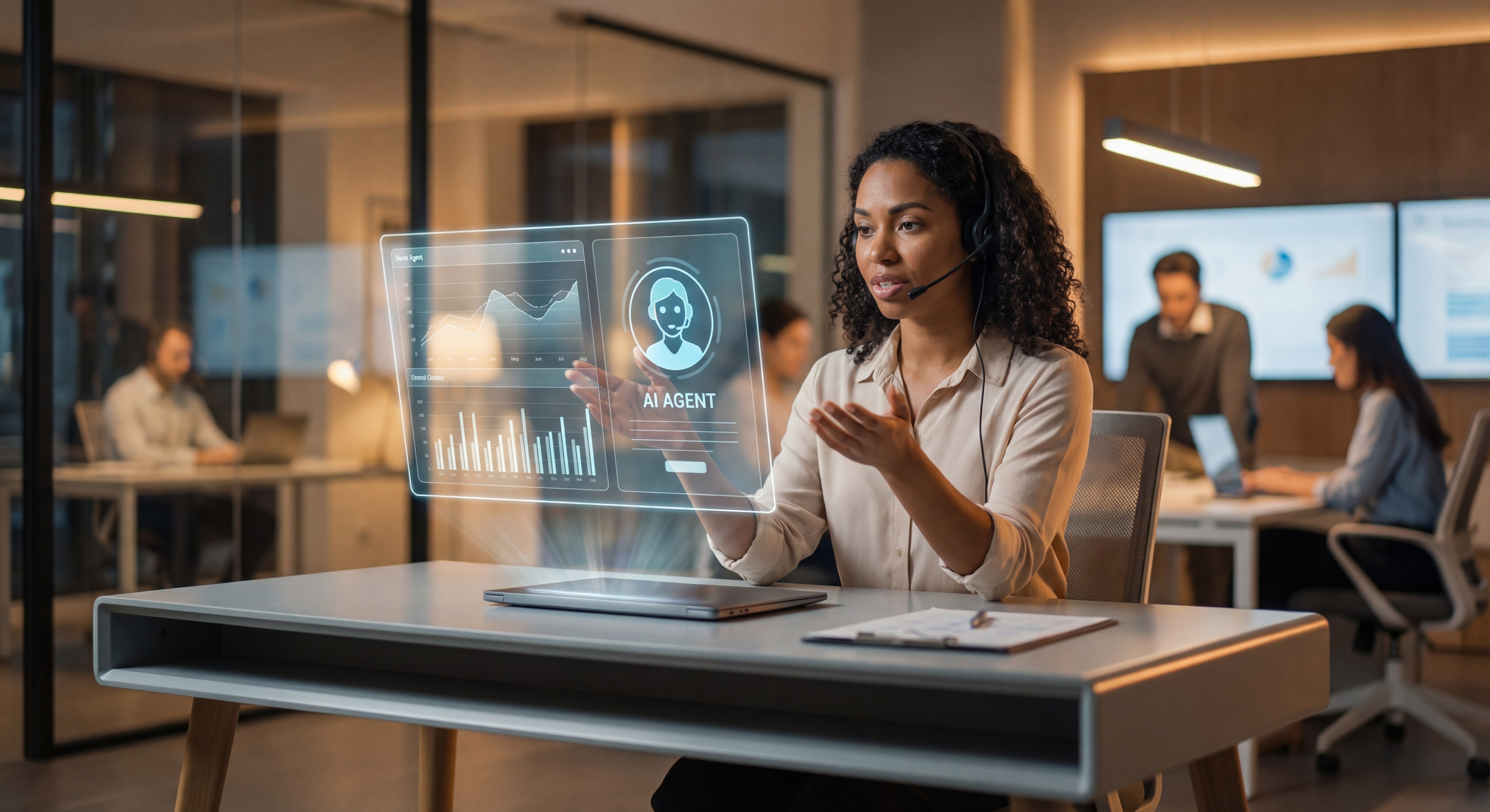 Agent IA en action dans un centre de support client moderne, interface holographique, style cinématographique réaliste, éclairage trois points, qualité premium, profondeur de champ