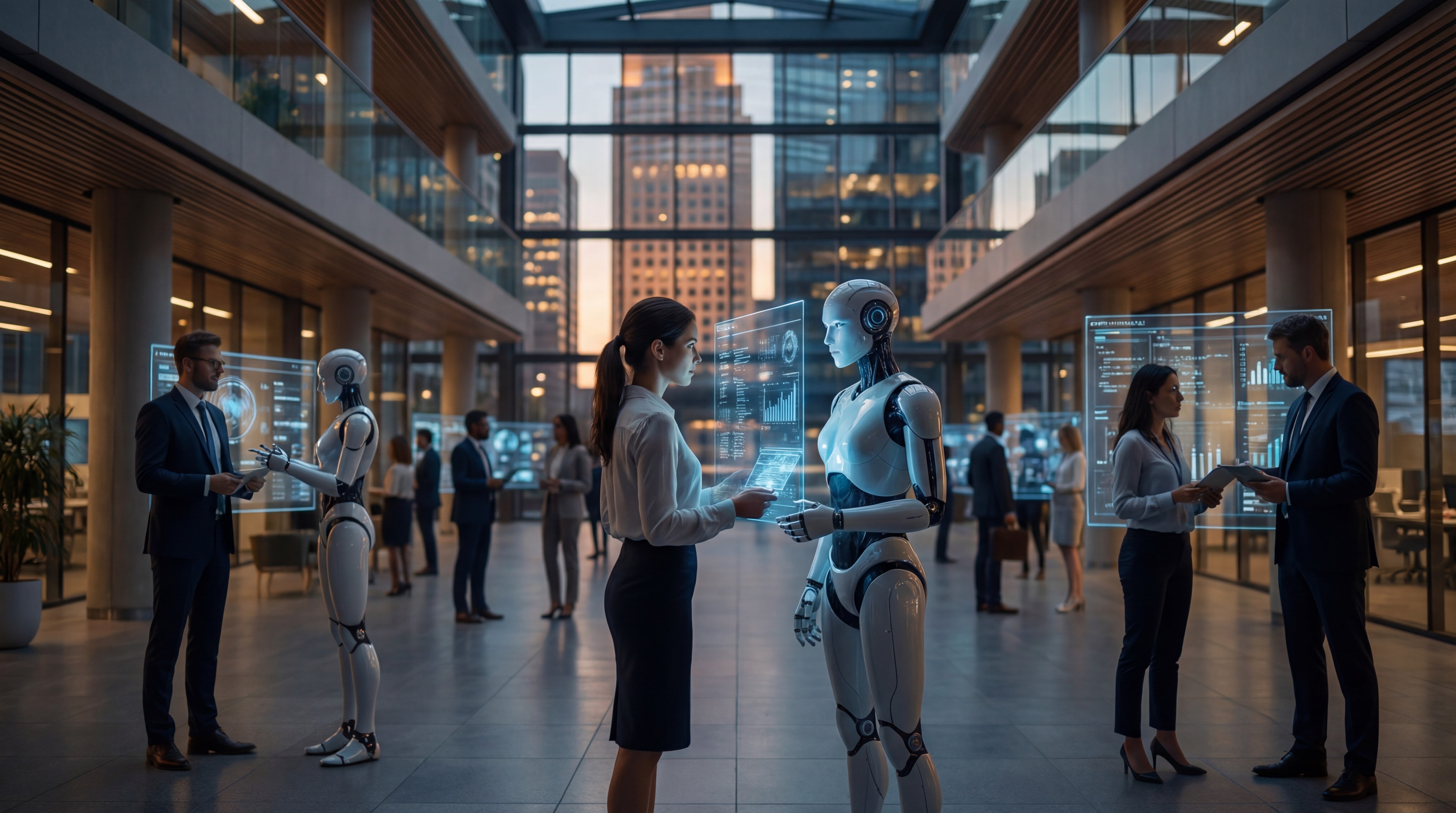 Environnement d'entreprise futuriste avec agents IA en action, style cinématographique réaliste, éclairage premium dramatique, profondeur de champ, composition professionnelle