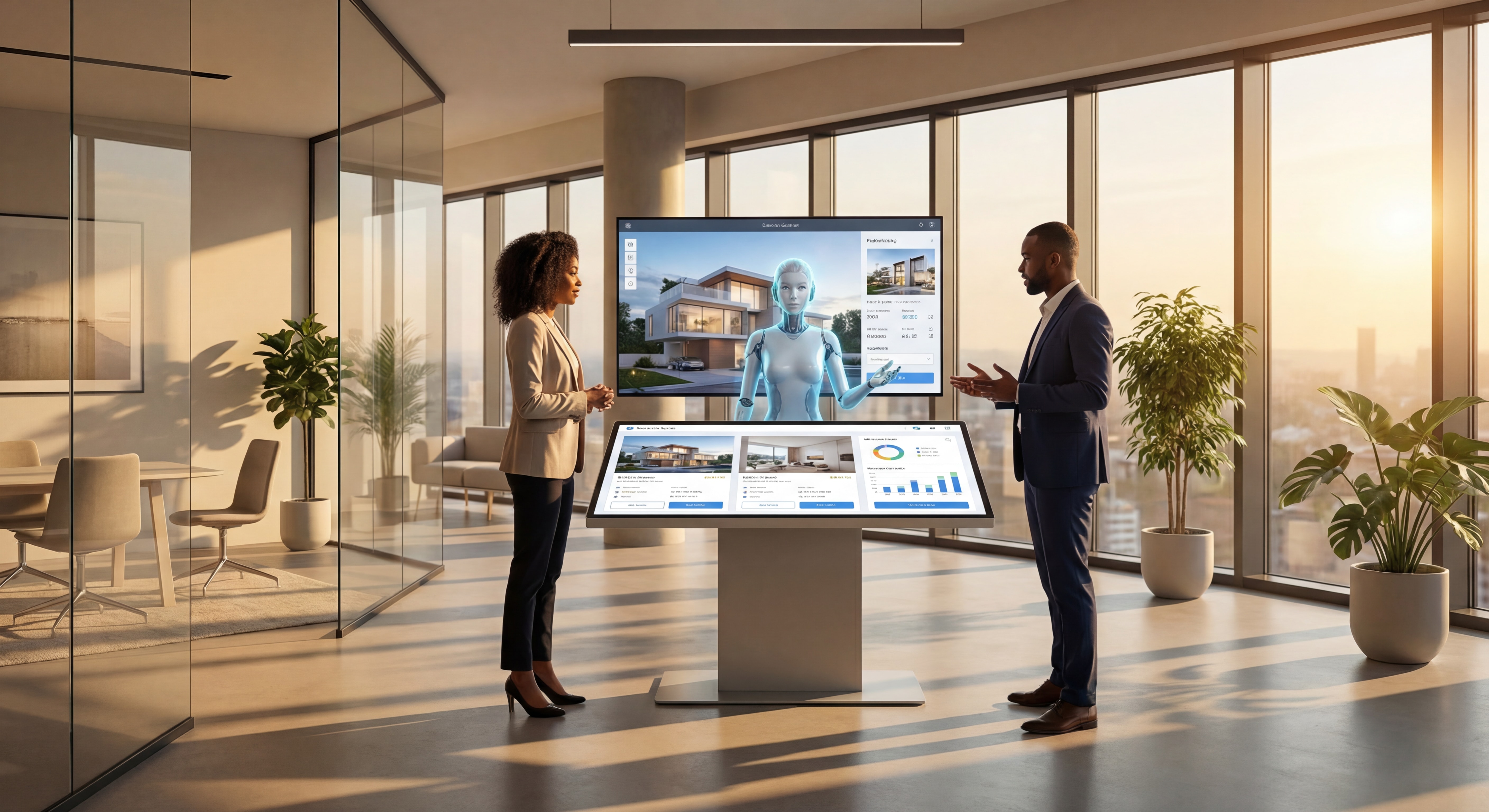 Agent IA dans contexte immobilier moderne, bureau d'agence avec écrans affichant des biens immobiliers, interaction naturelle, style réaliste haut de gamme, éclairage cinéma