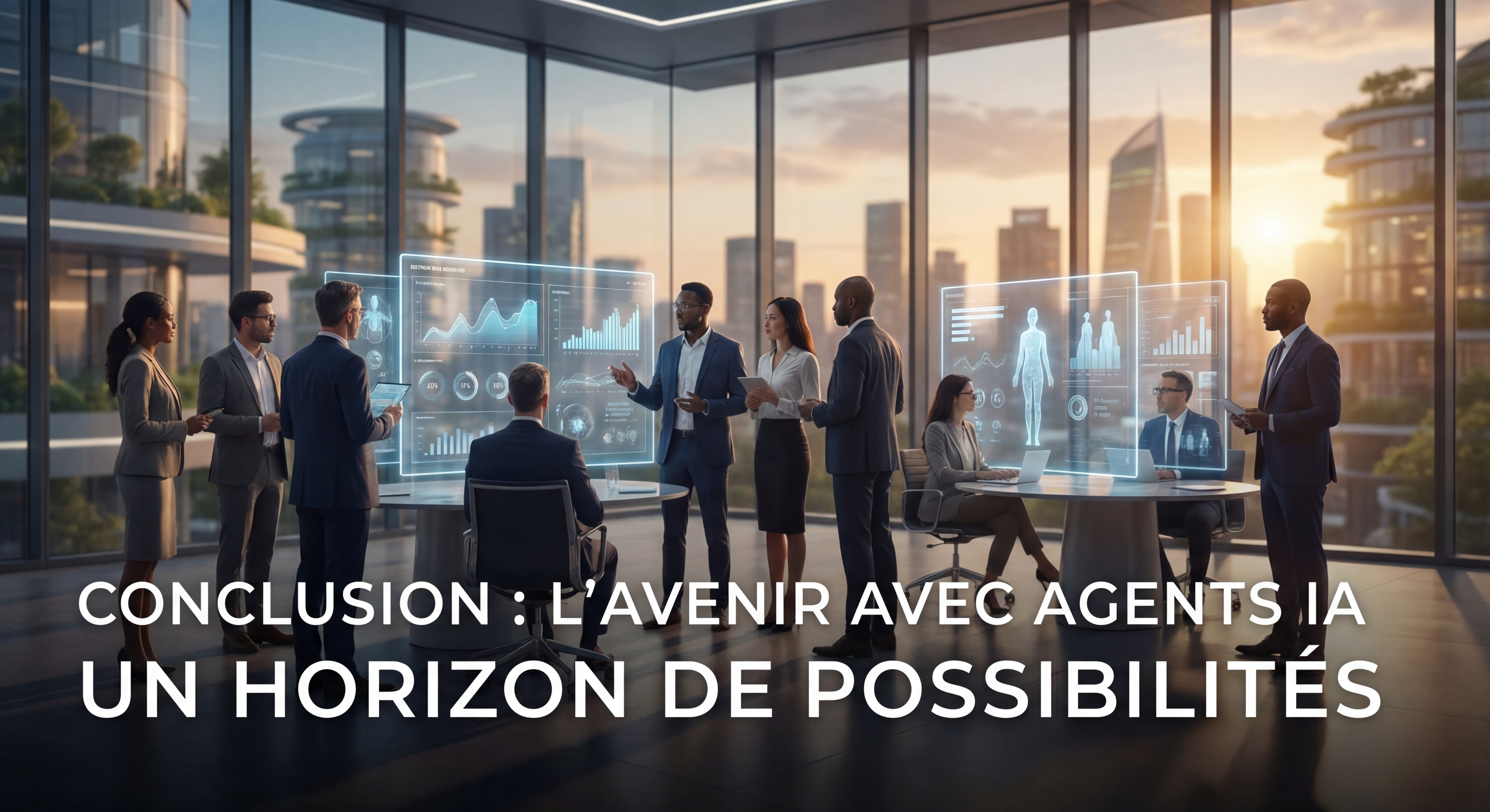 Visuel de conclusion inspirant montrant l'avenir avec agents IA, style cinématographique premium, éclairage dramatique, composition professionnelle, profondeur de champ, ambiance futuriste crédible