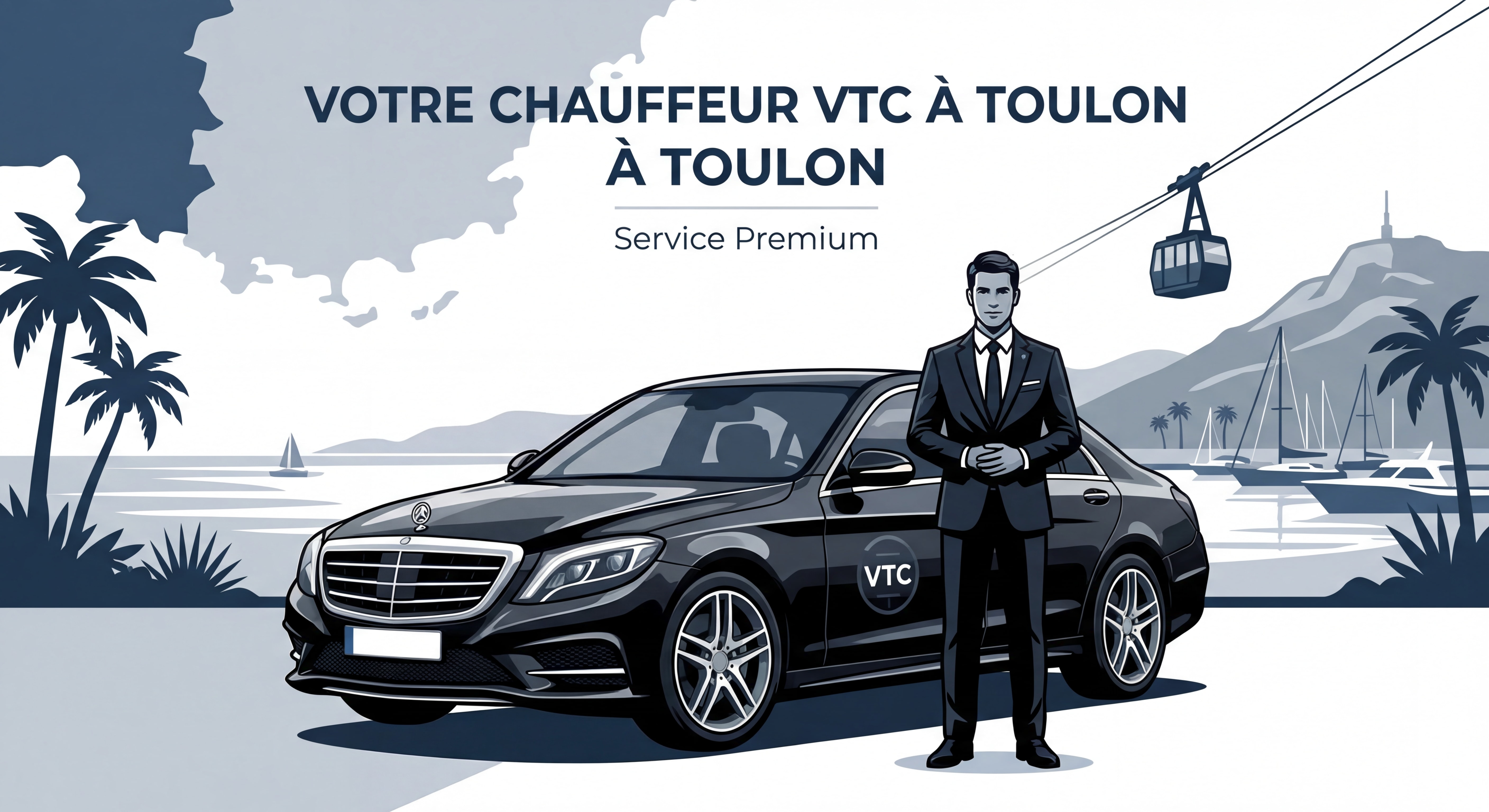 Chauffeur VTC professionnel en costume devant véhicule premium Mercedes noir à Toulon