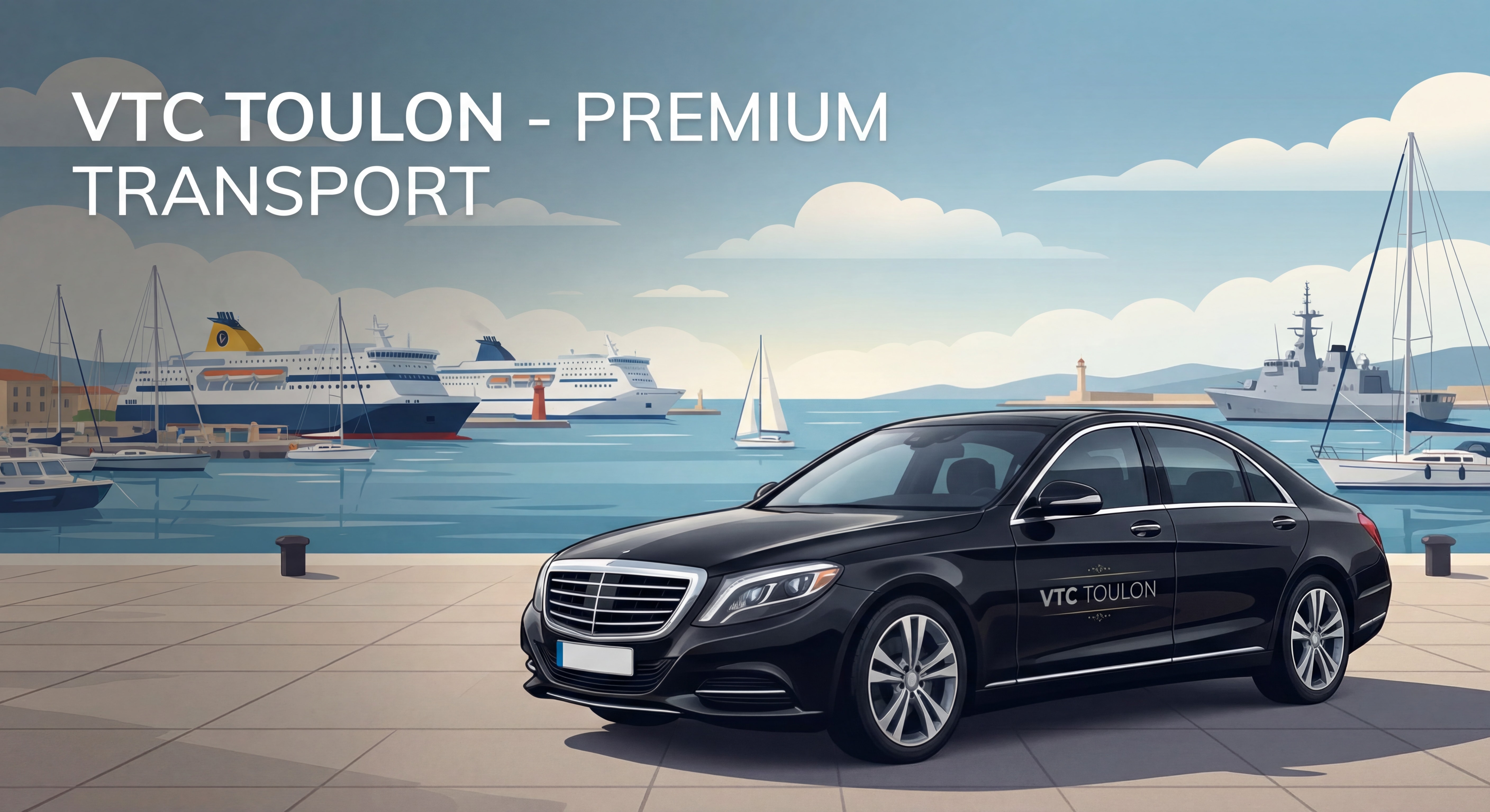 VTC Toulon véhicule premium noir devant le port de Toulon avec vue sur la rade et les bateaux