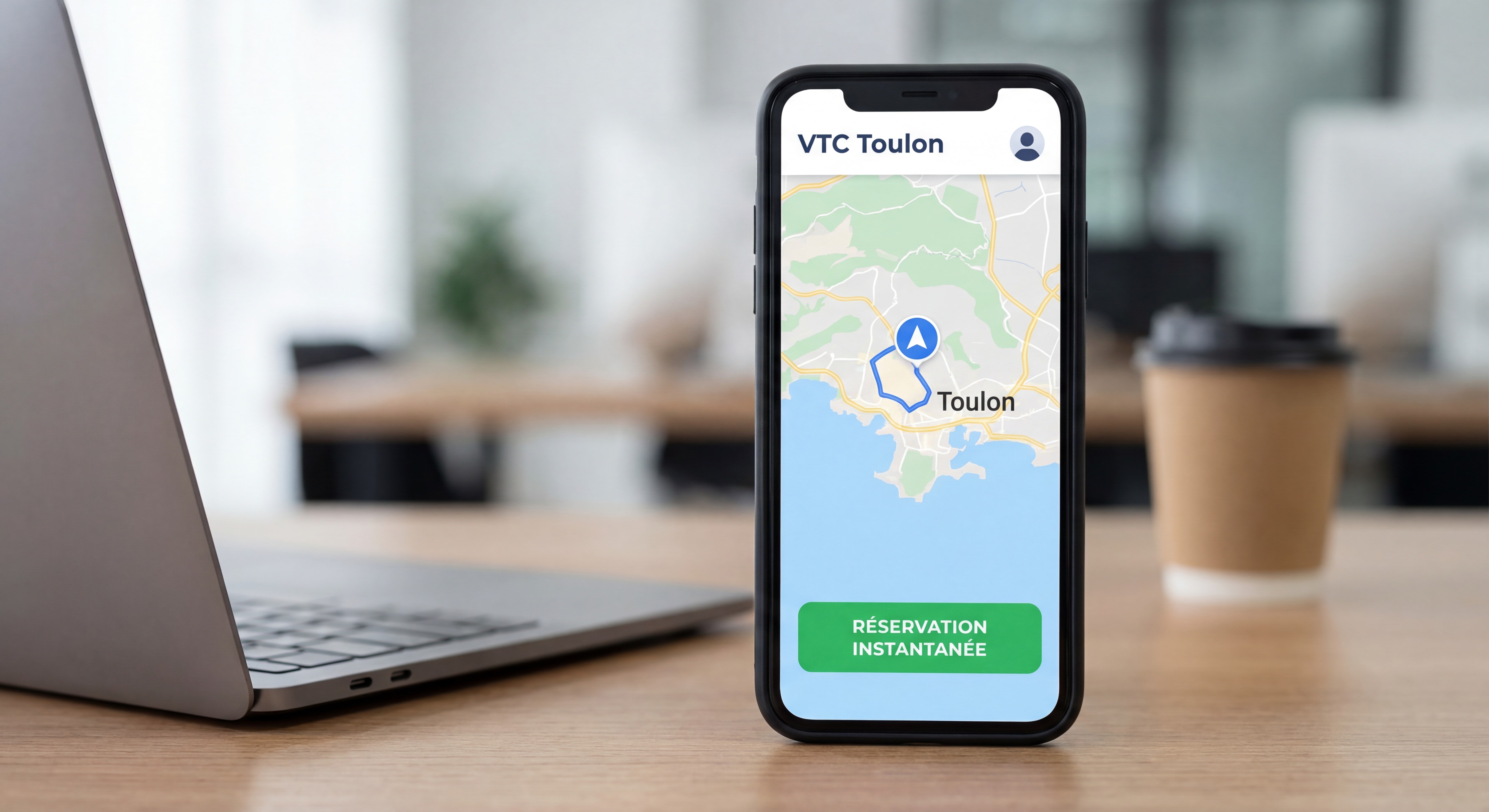 Interface application mobile VTC Toulon avec carte de Toulon et bouton réservation instantanée