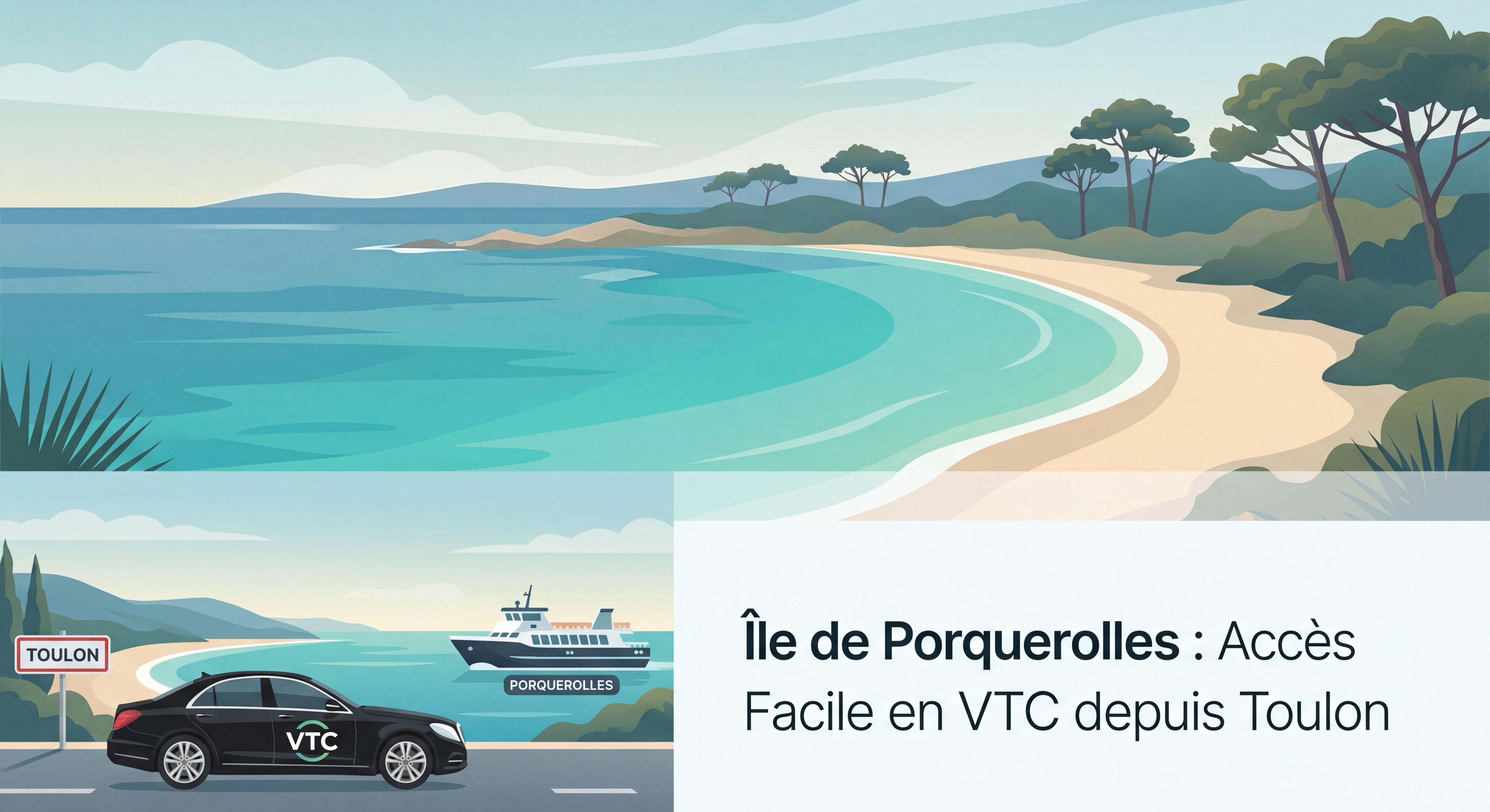 Vue panoramique de l'île de Porquerolles avec plage paradisiaque et eau turquoise accessible en VTC depuis Toulon