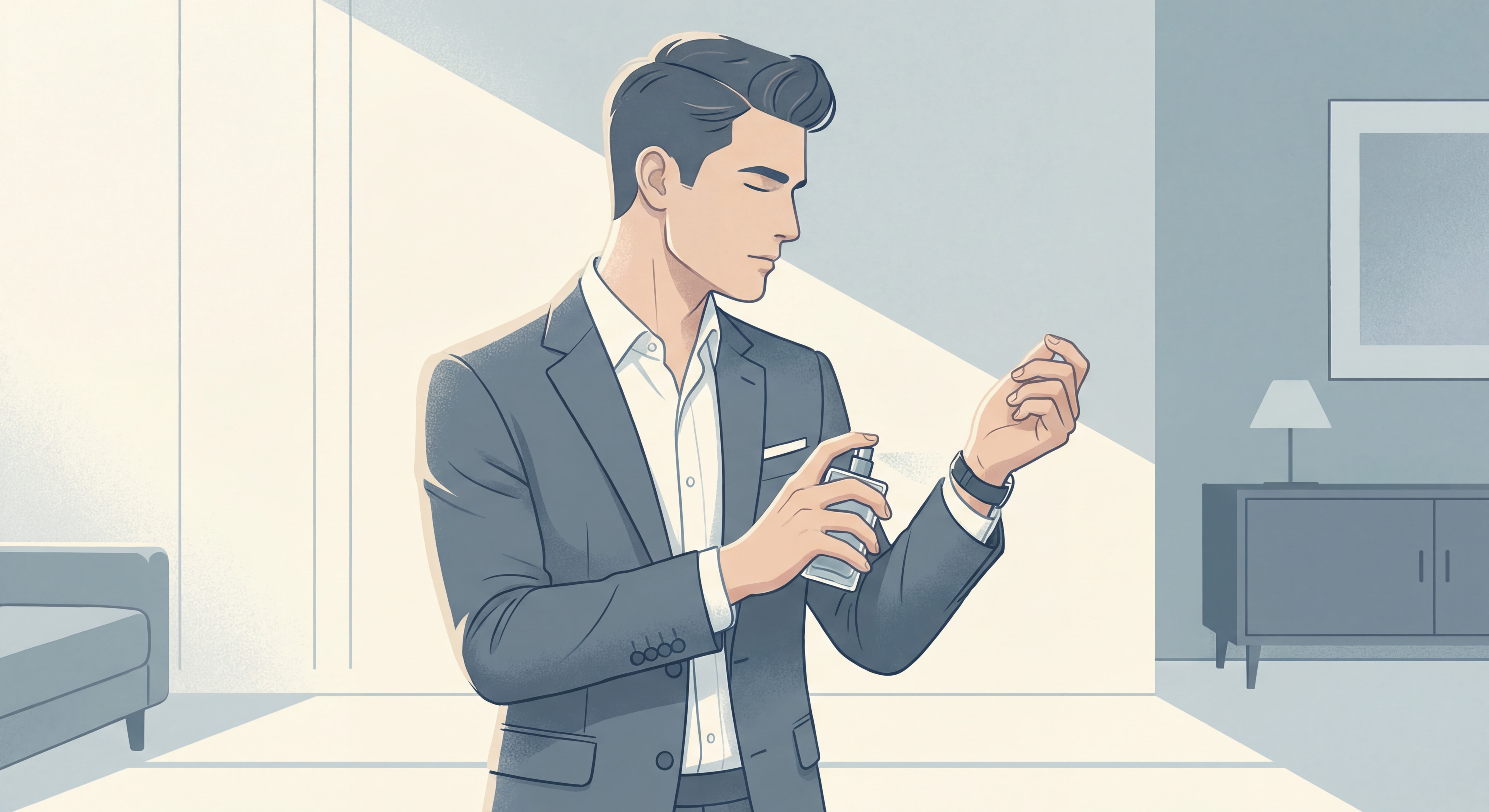 Homme élégant appliquant du parfum sur les points de pulsation - poignets et cou