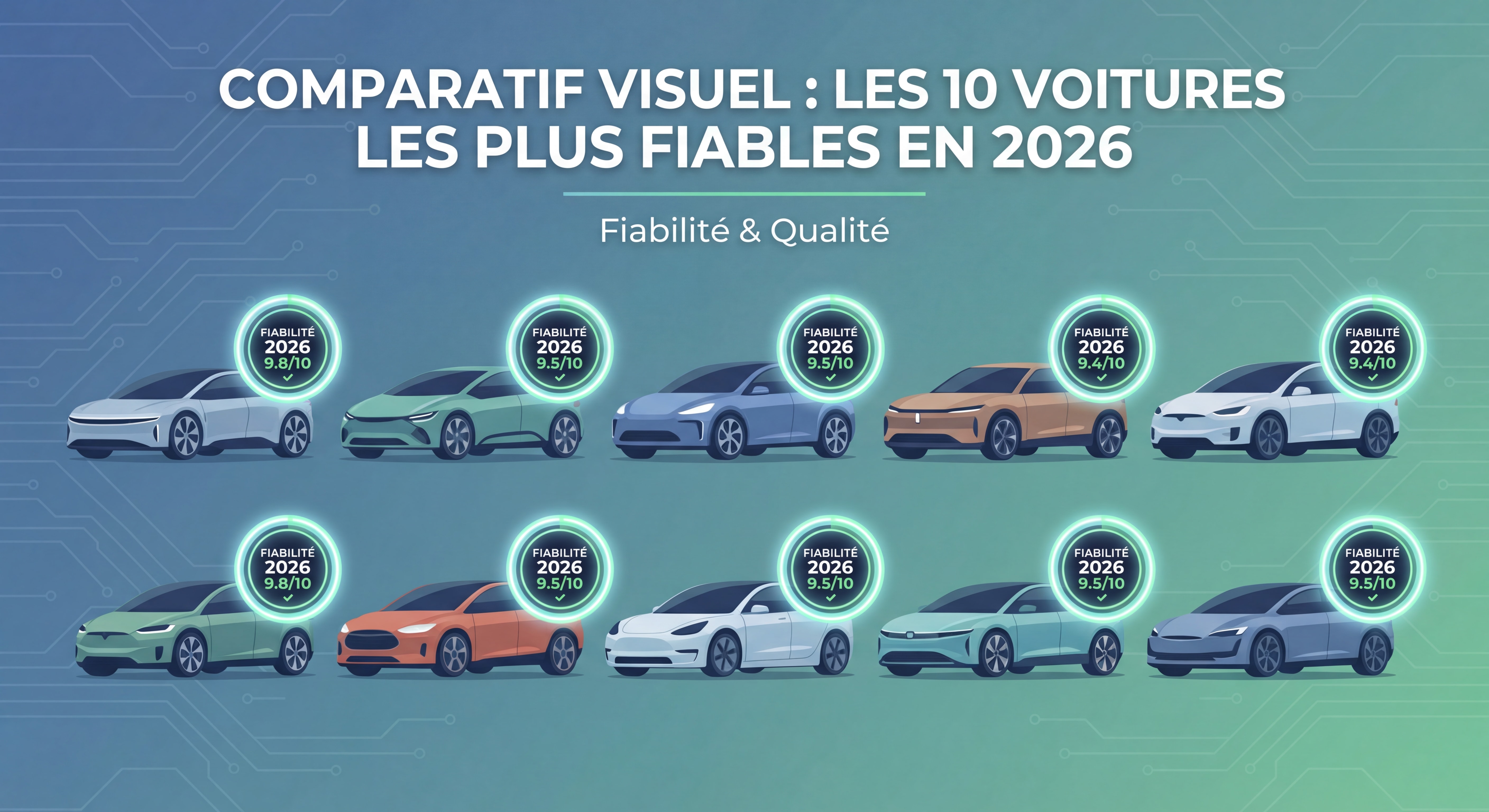 Comparaison visuelle des 10 voitures les plus fiables en 2026 alignées sur un fond moderne avec badges de fiabilité