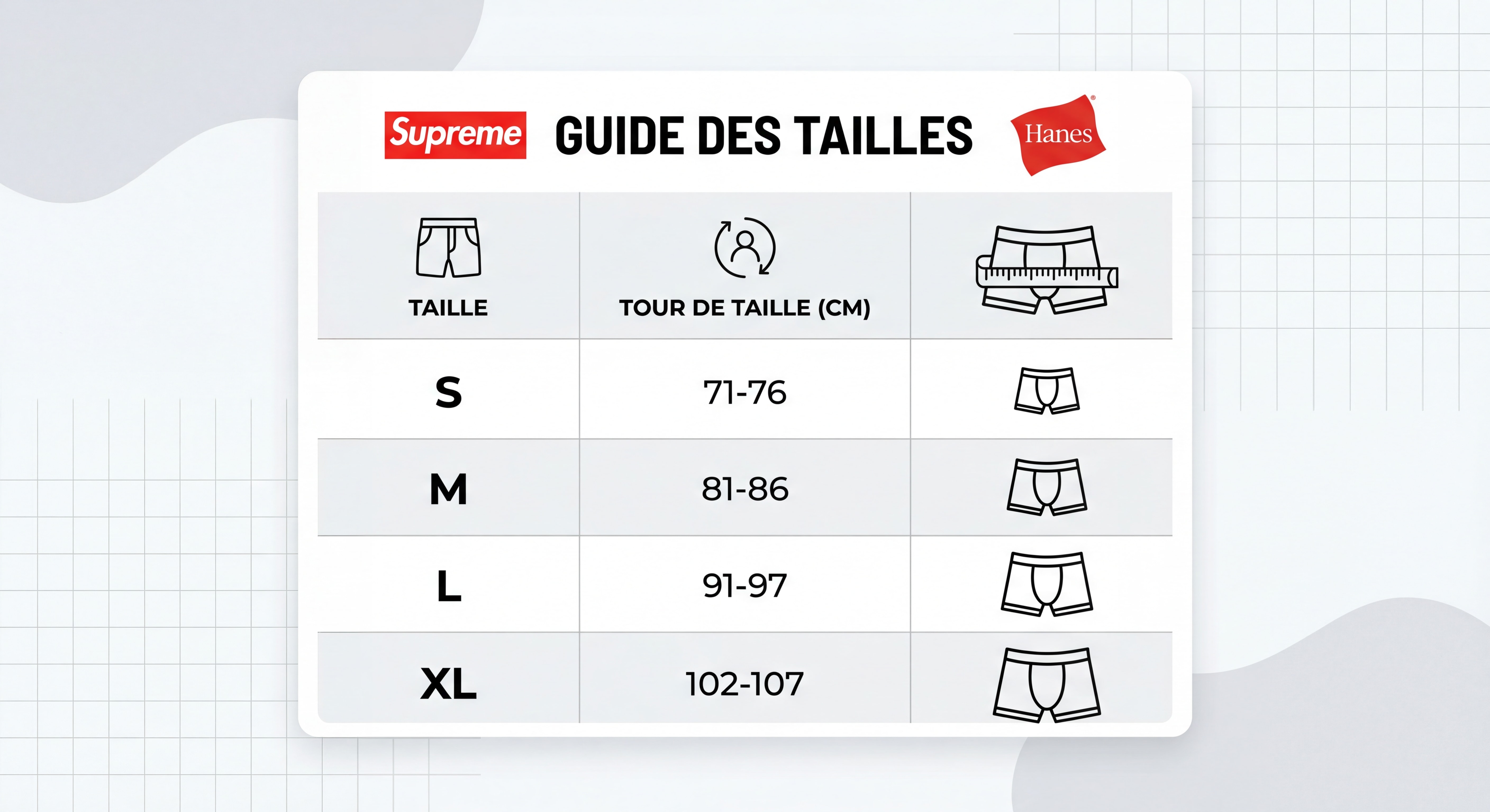 Guide des tailles pour caleçons Supreme x Hanes avec mesures en centimètres