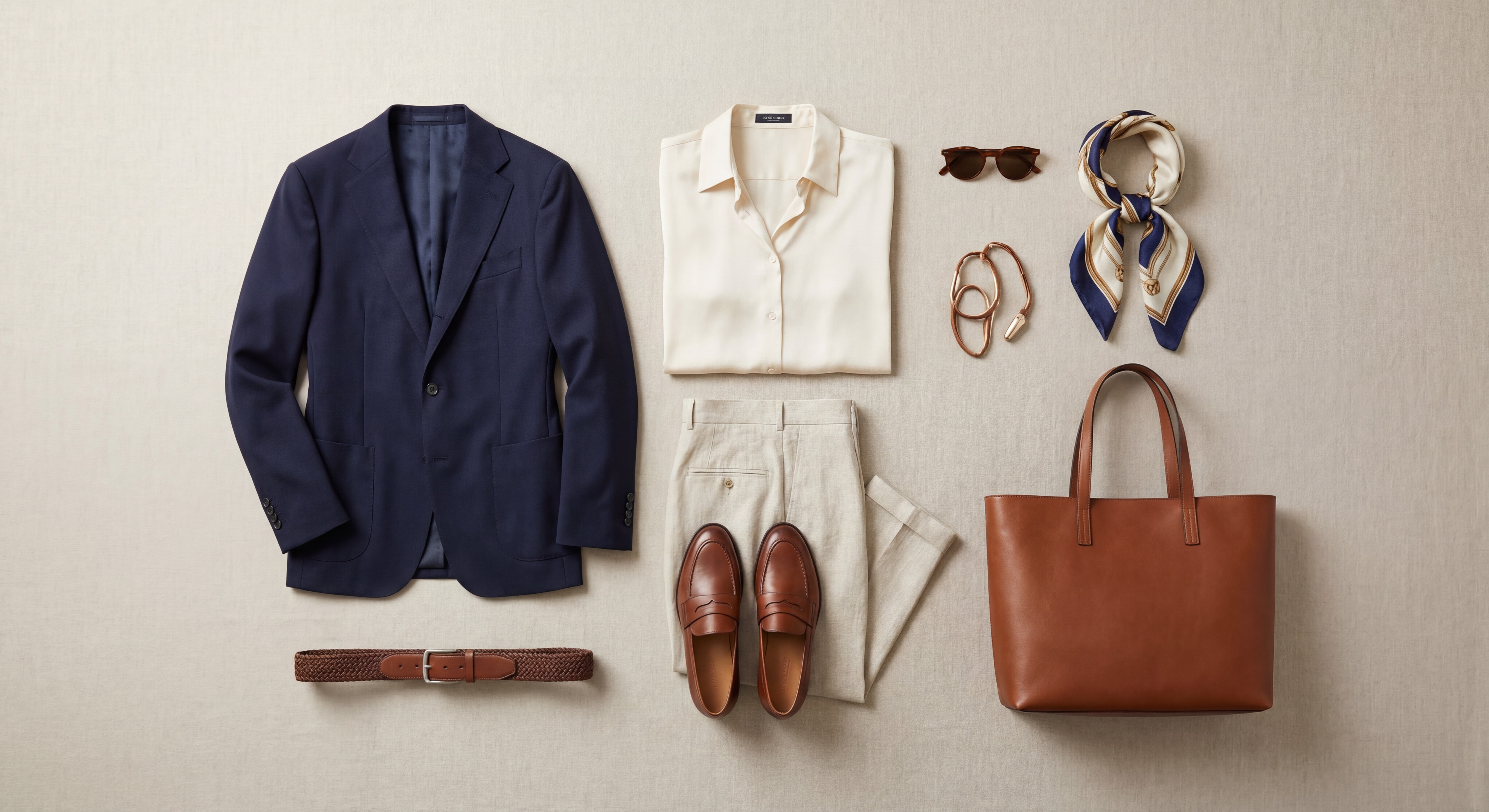 Composition complète d'une tenue italienne décontractée-chic disposée à plat sur fond neutre