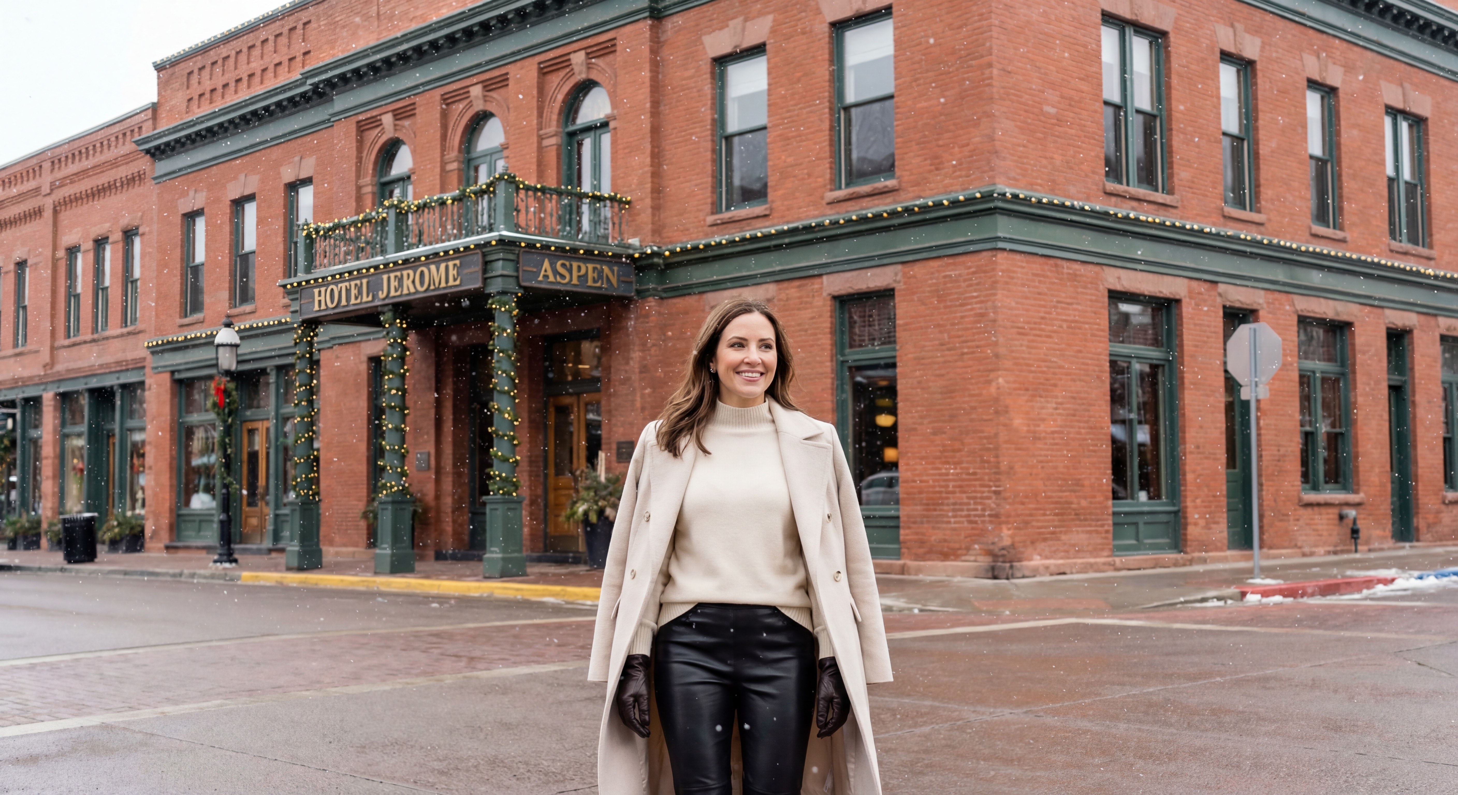 Femme élégante en pull cachemire et pantalon en cuir devant l'Hôtel Jerome à Aspen