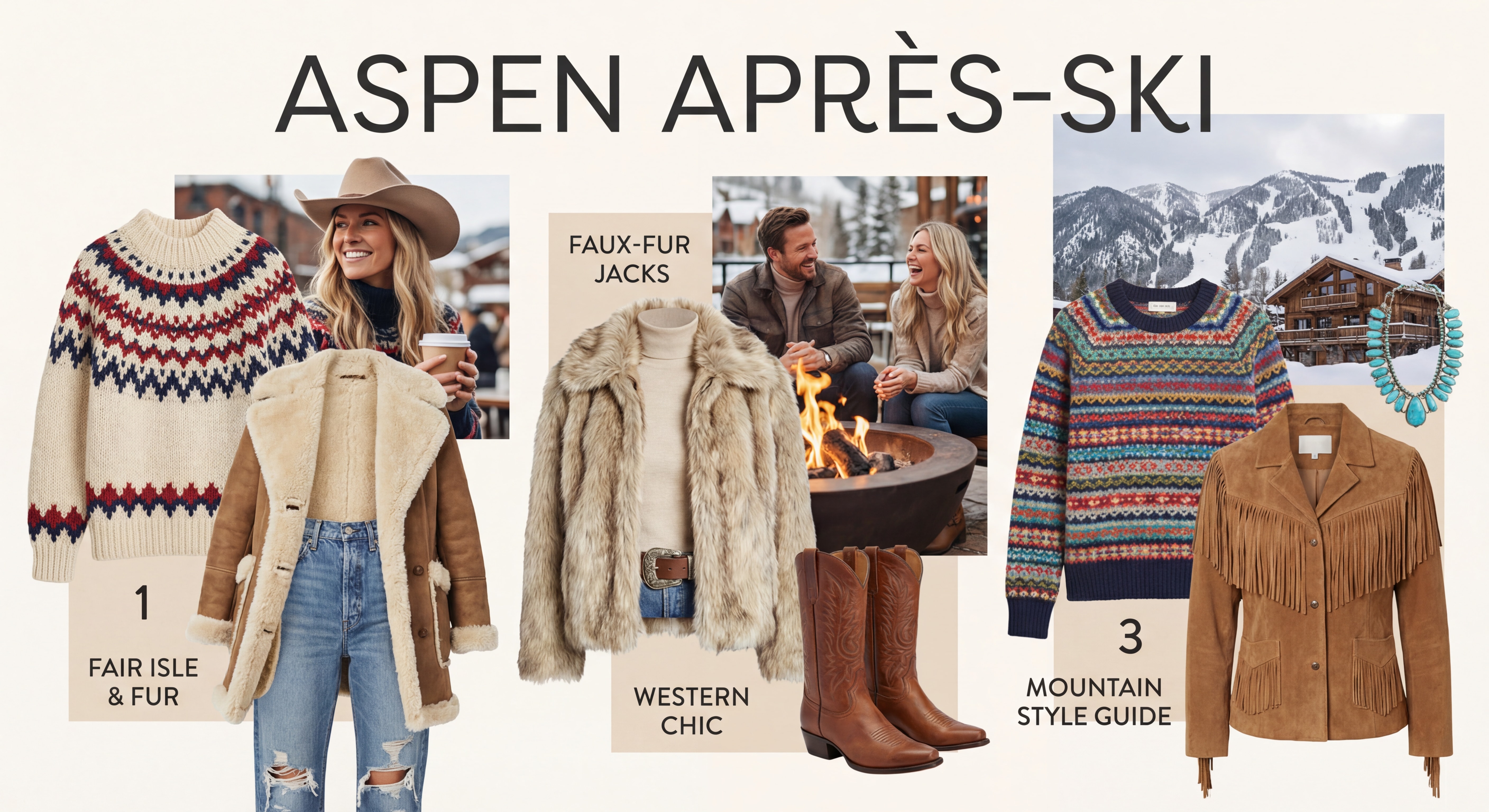 Collage de tenues après-ski à Aspen montrant pulls Fair Isle, manteaux en fourrure et accessoires western