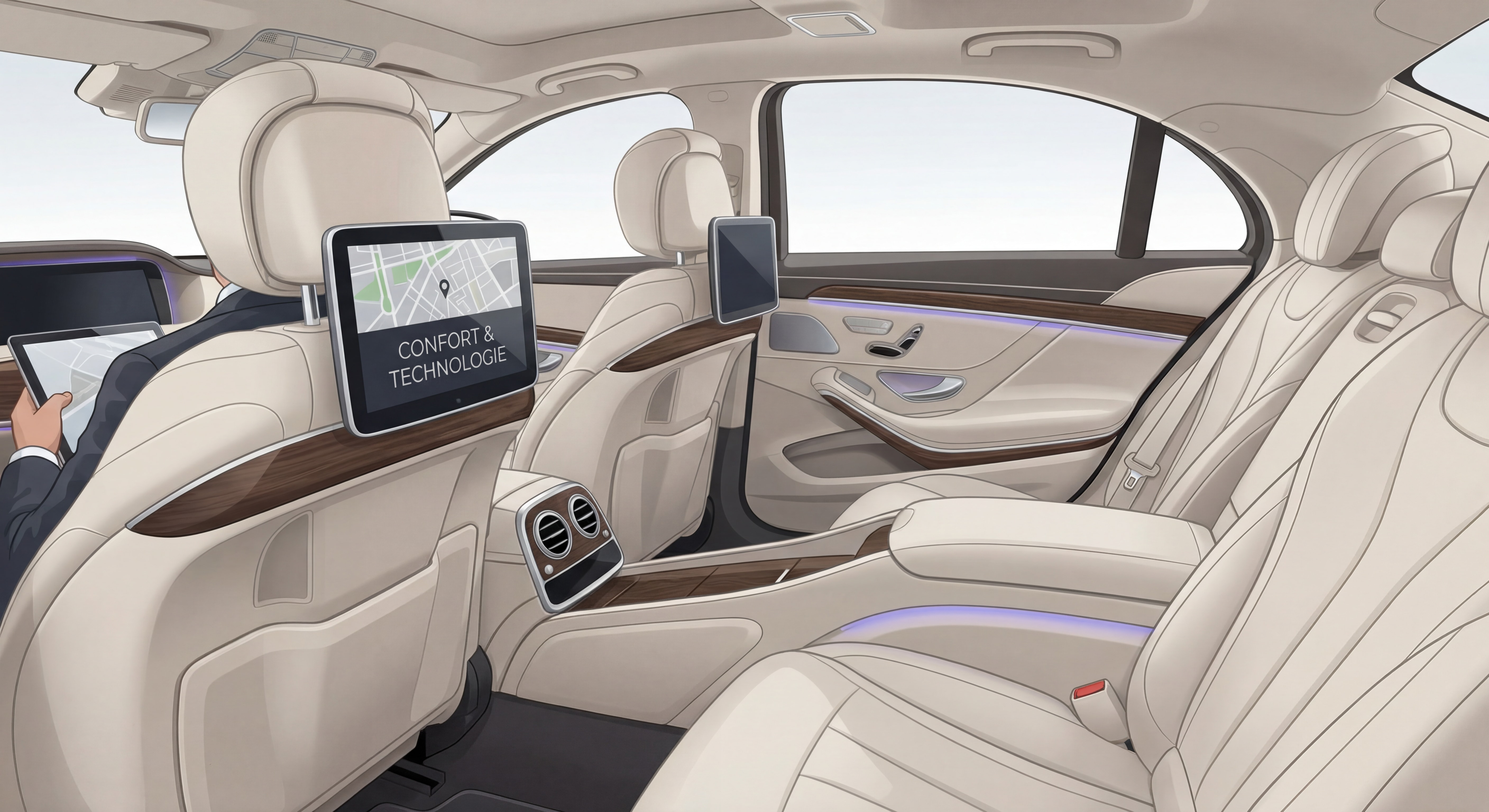 Intérieur luxueux d'une berline VTC avec sièges en cuir et tablette numérique