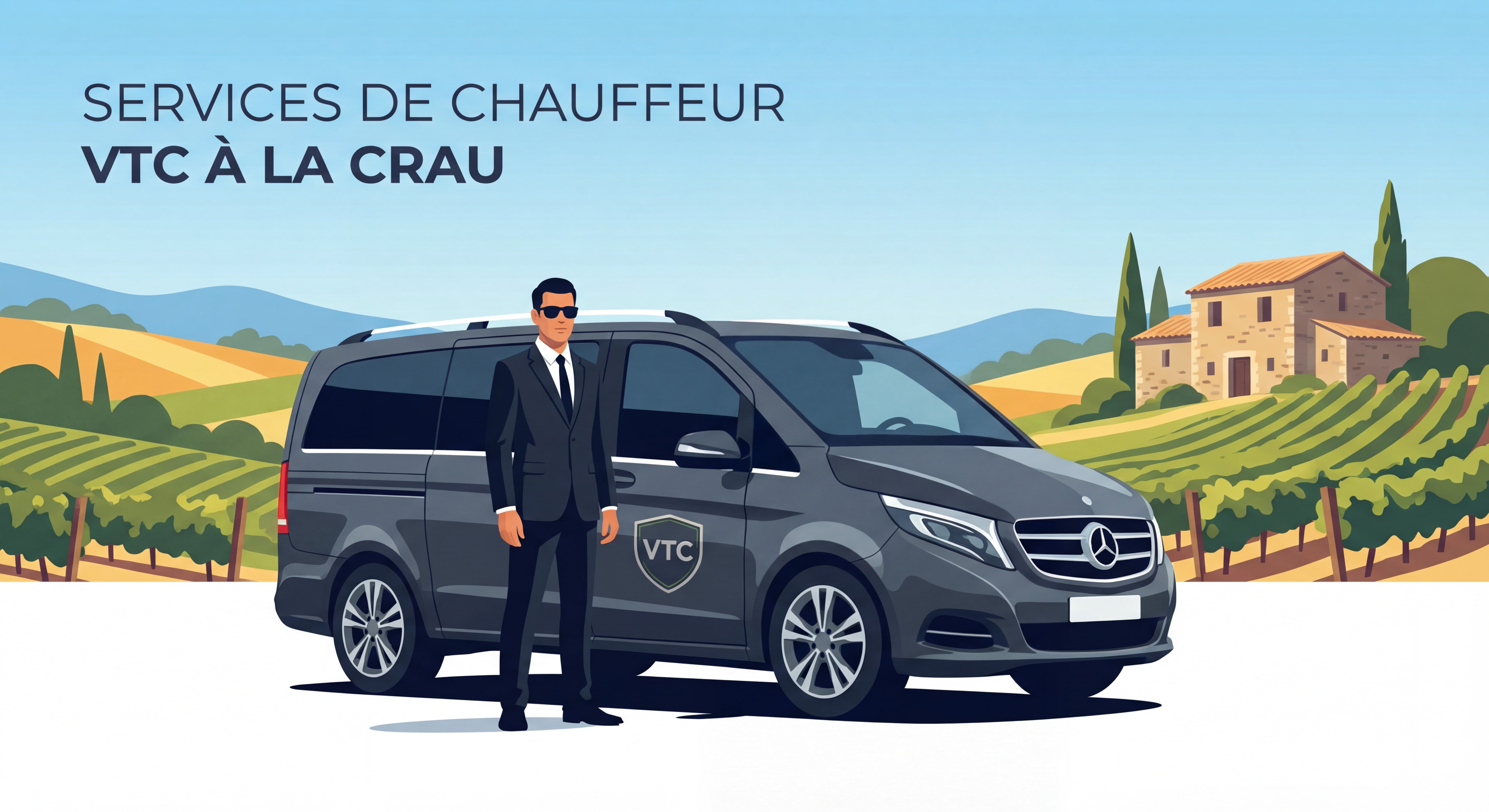 Chauffeur professionnel en costume devant un van VTC moderne à La Crau