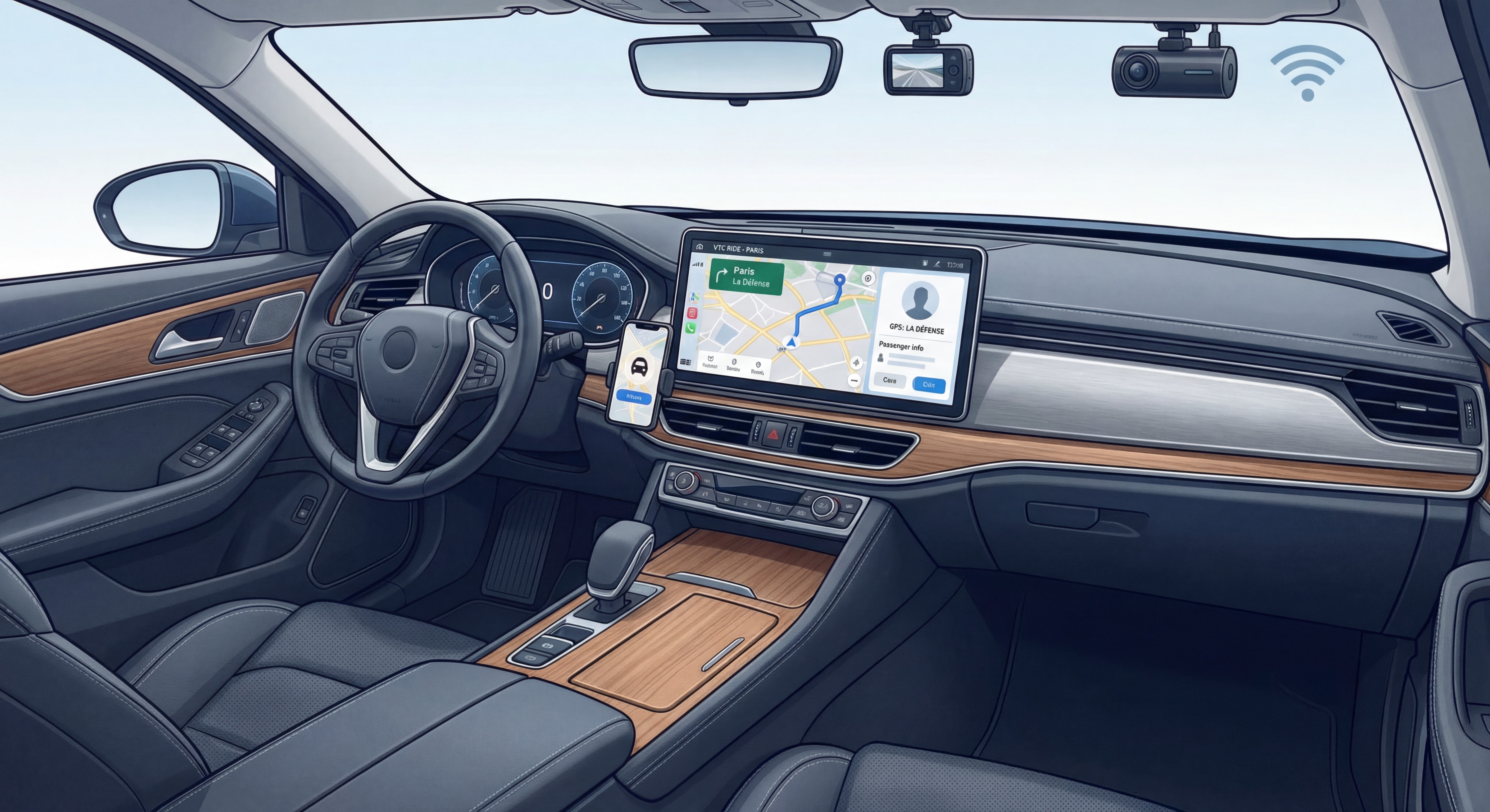Tableau de bord d'une berline VTC moderne avec GPS et équipements high-tech