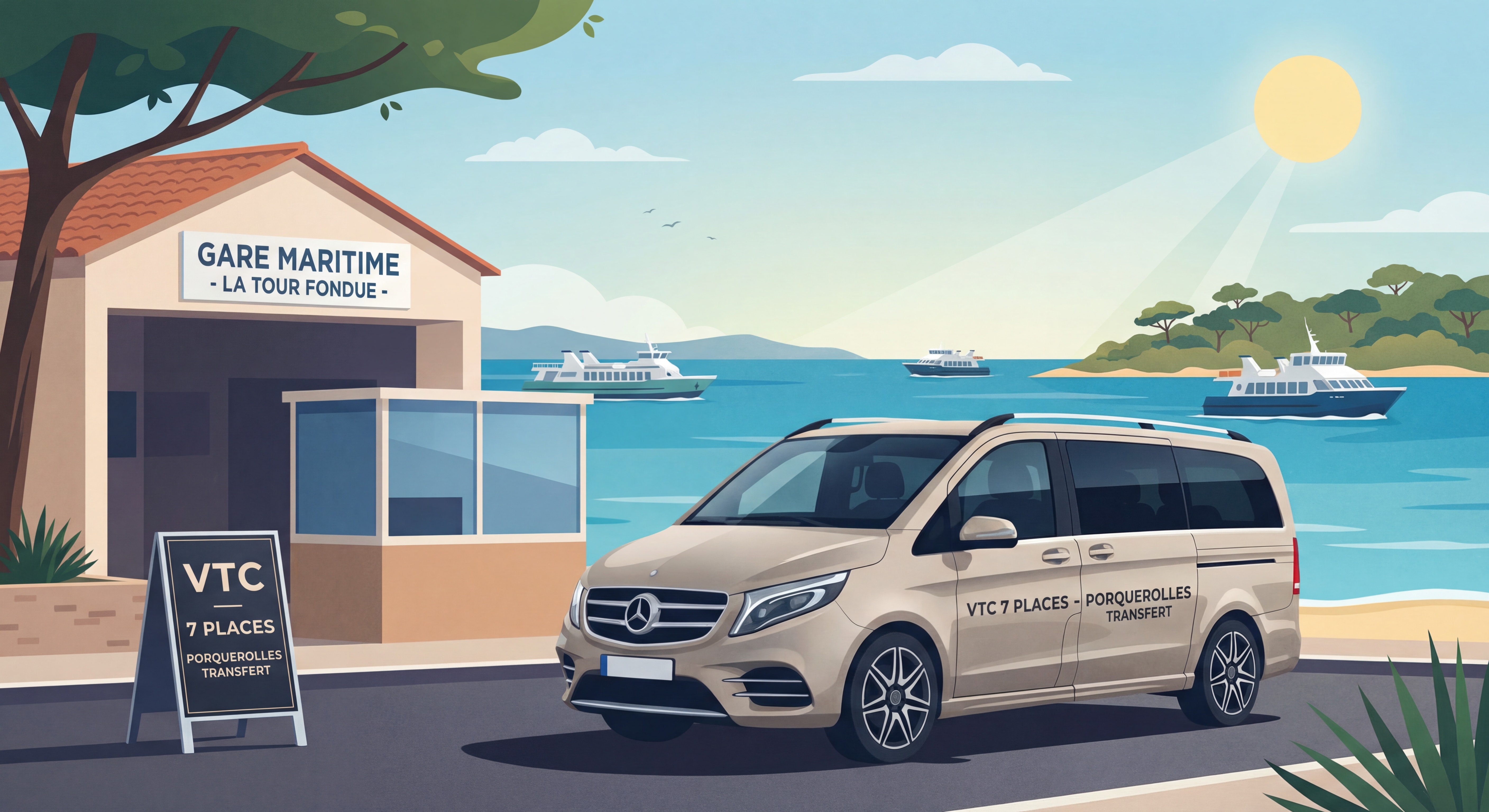 Van VTC 7 places devant l'embarcadère pour Porquerolles avec la mer en arrière-plan