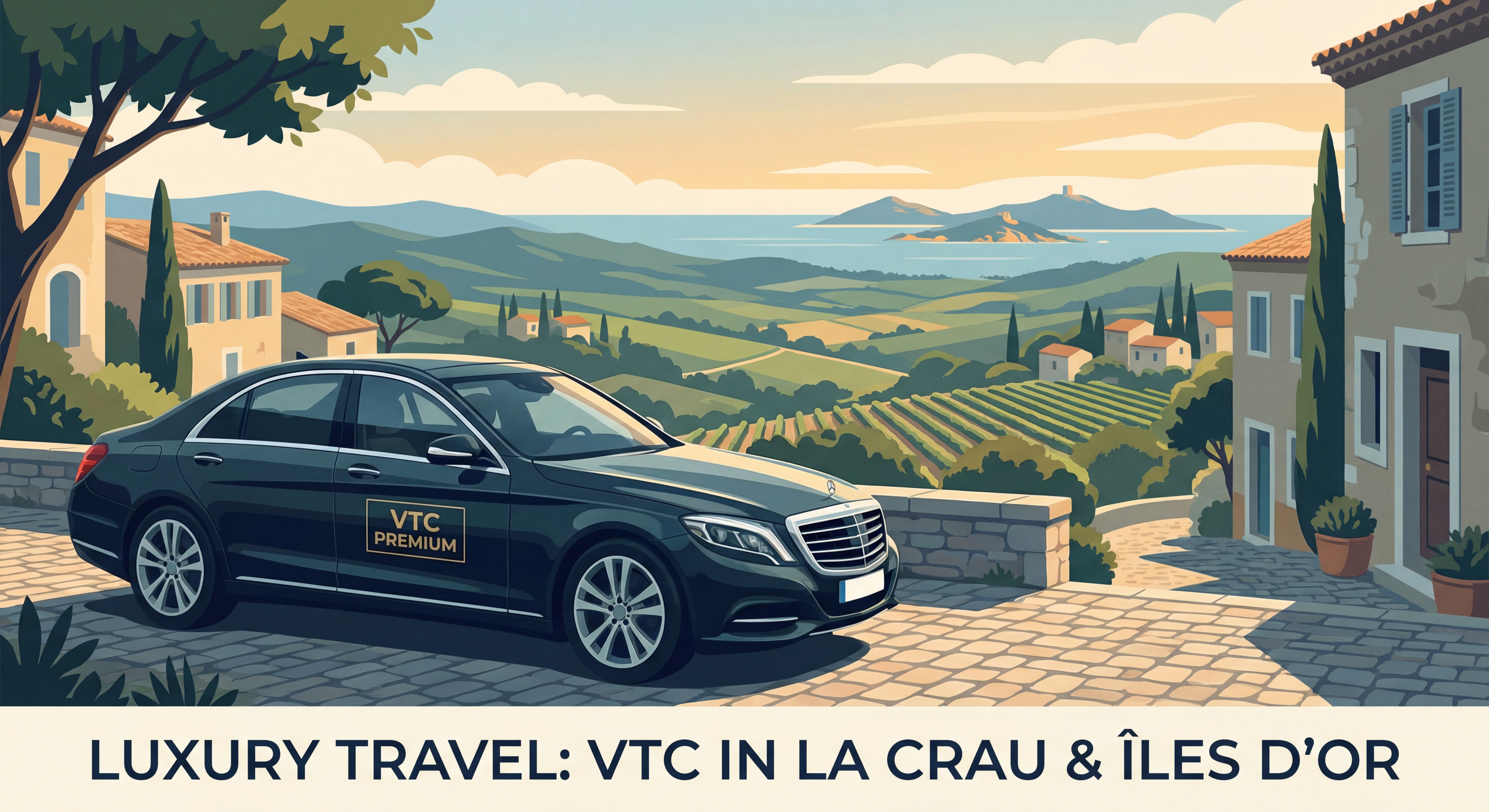 VTC berline premium stationnée à La Crau avec vue sur les Îles d'Or en arrière-plan