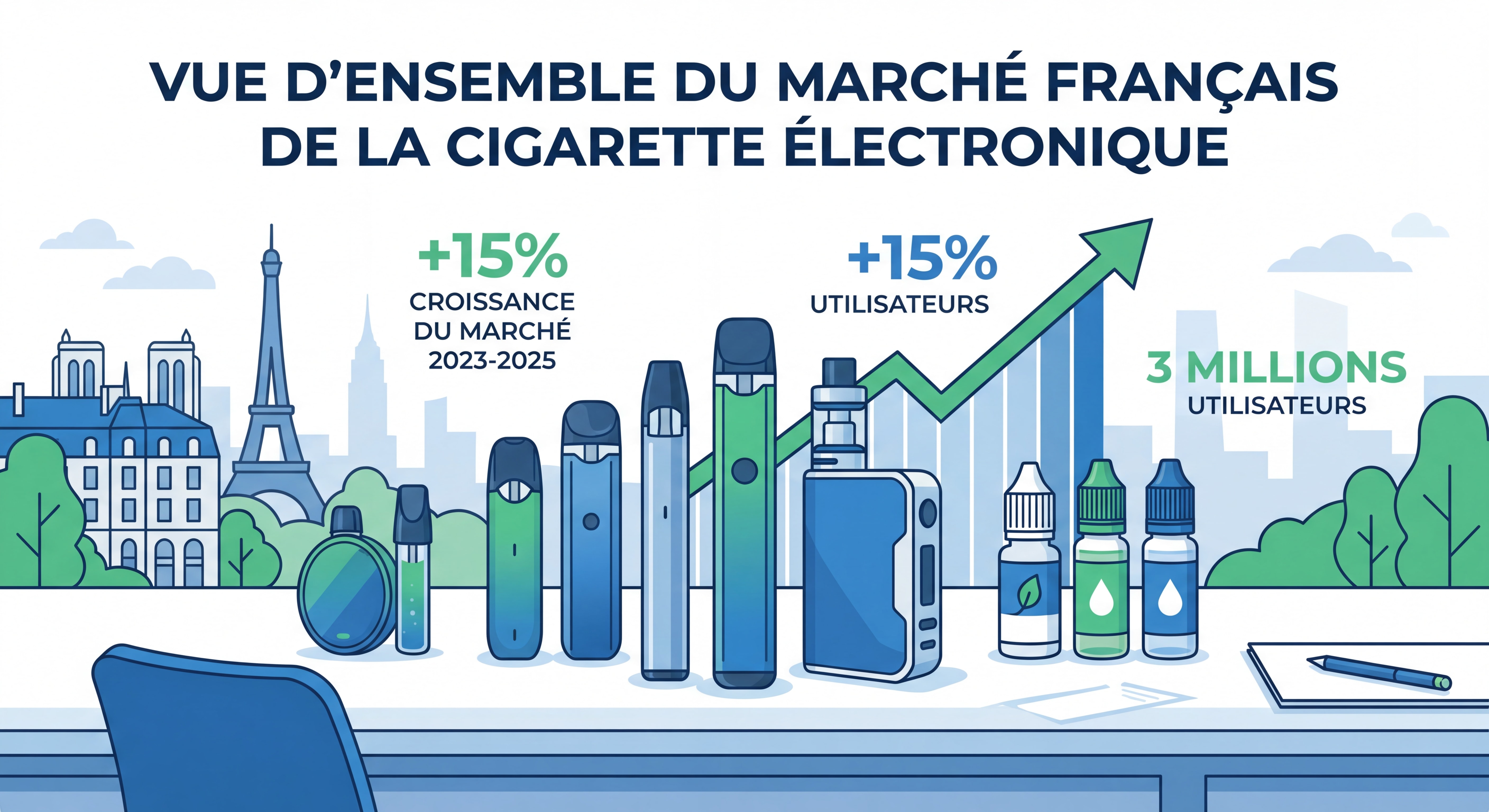 Vue d'ensemble du marché de la cigarette électronique en France avec produits de vapotage modernes et statistiques de croissance