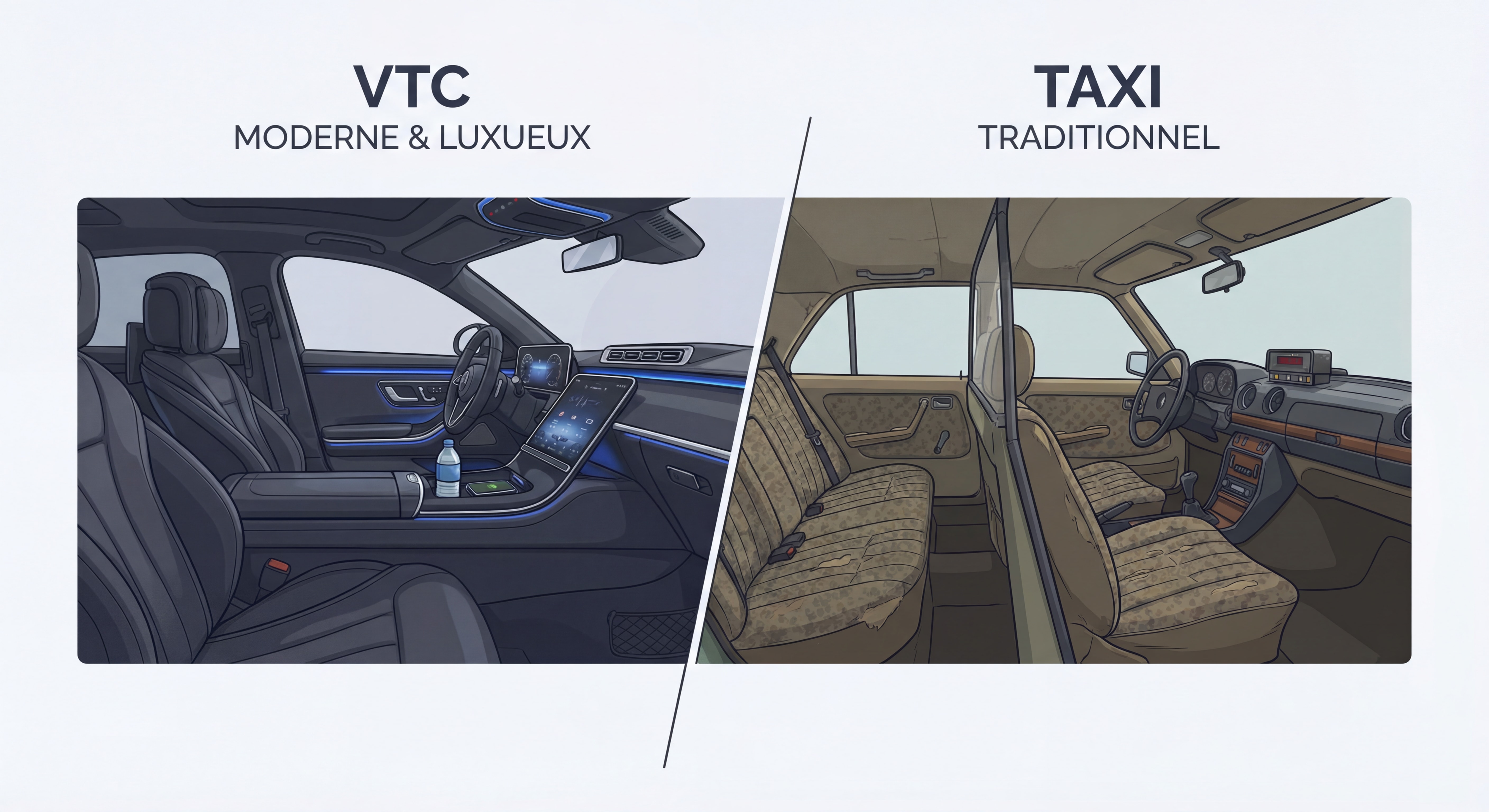 Intérieur luxueux d'un VTC moderne avec sièges en cuir et équipements premium comparé à un taxi traditionnel