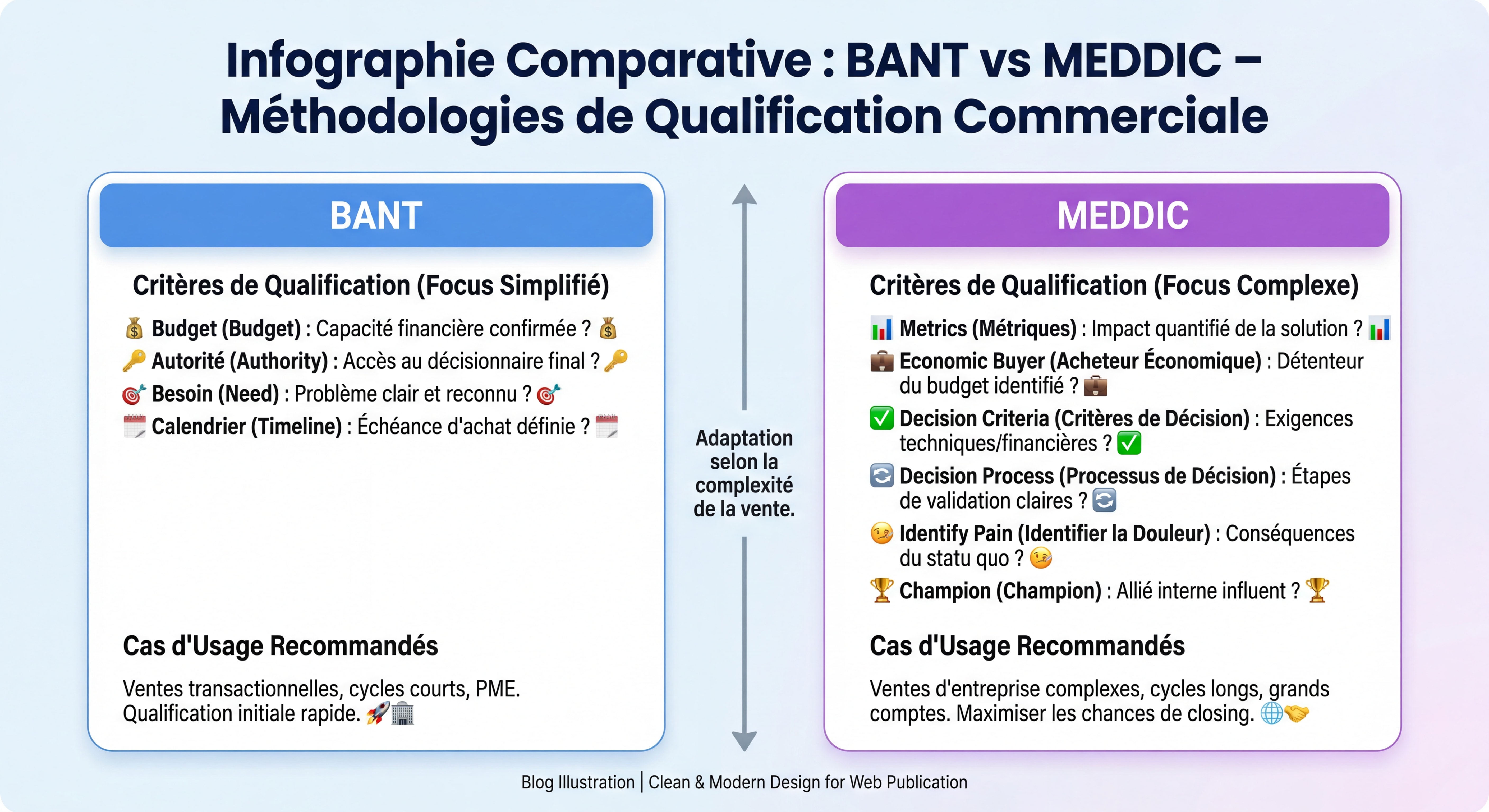 Infographie comparative des méthodologies BANT et MEDDIC avec leurs critères de qualification et cas d'usage recommandés