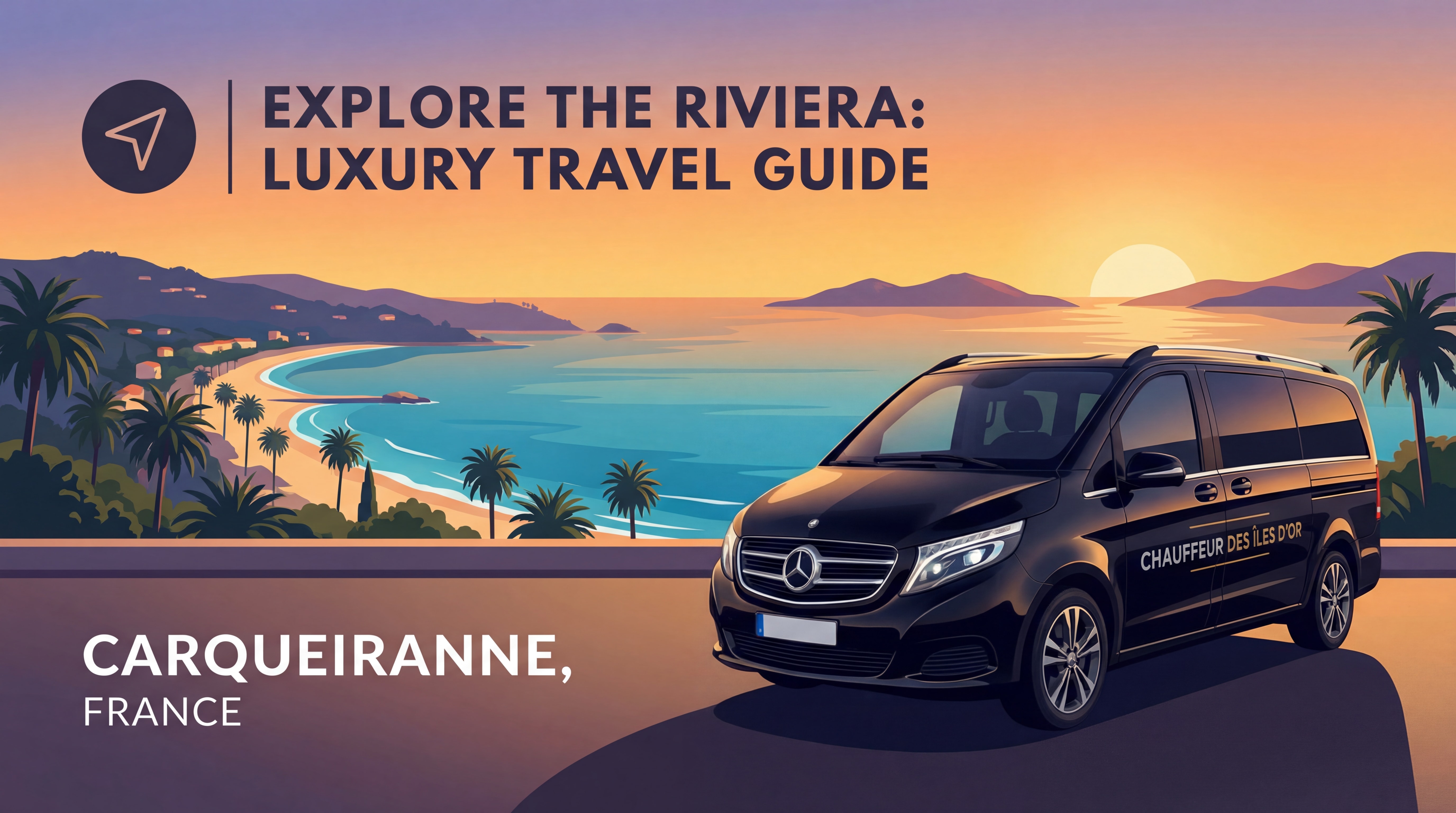 Mercedes Van VTC noir Chauffeur des Îles d'Or avec vue sur les plages de Carqueiranne au coucher du soleil
