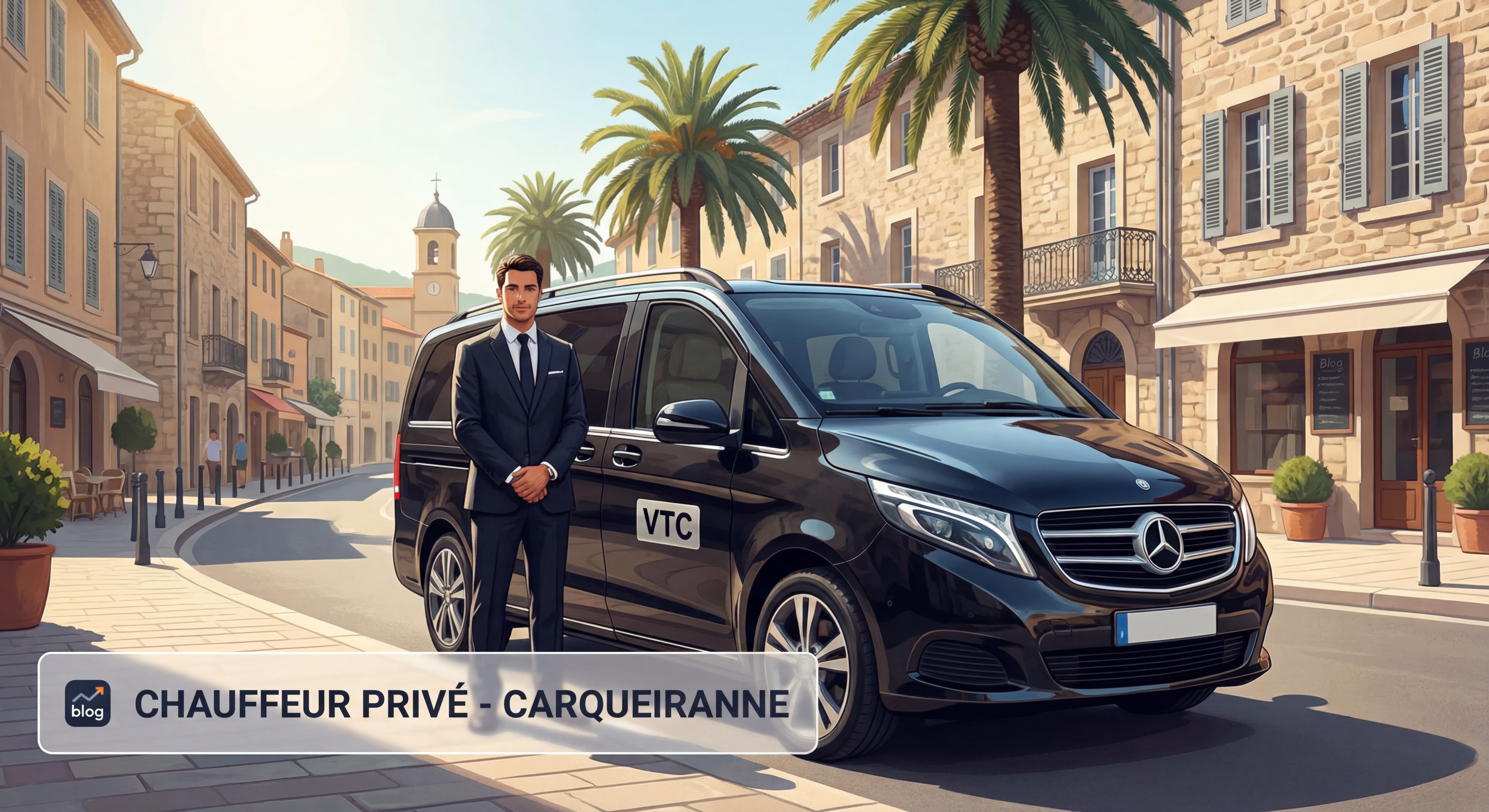 Chauffeur professionnel en costume devant Mercedes Van VTC à Carqueiranne centre-ville