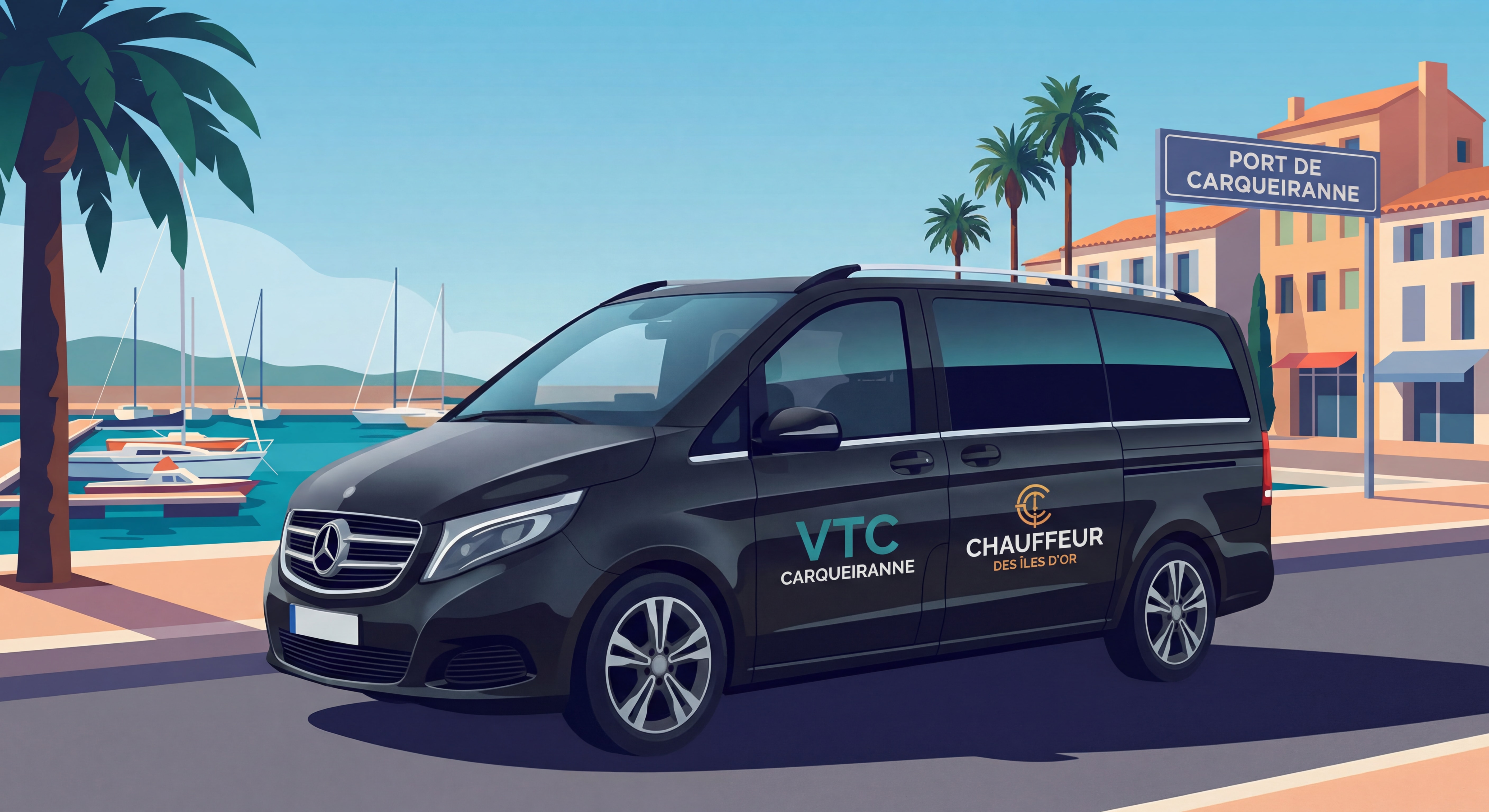 VTC Carqueiranne - Mercedes Van noir Chauffeur des Îles d'Or devant le port de Carqueiranne