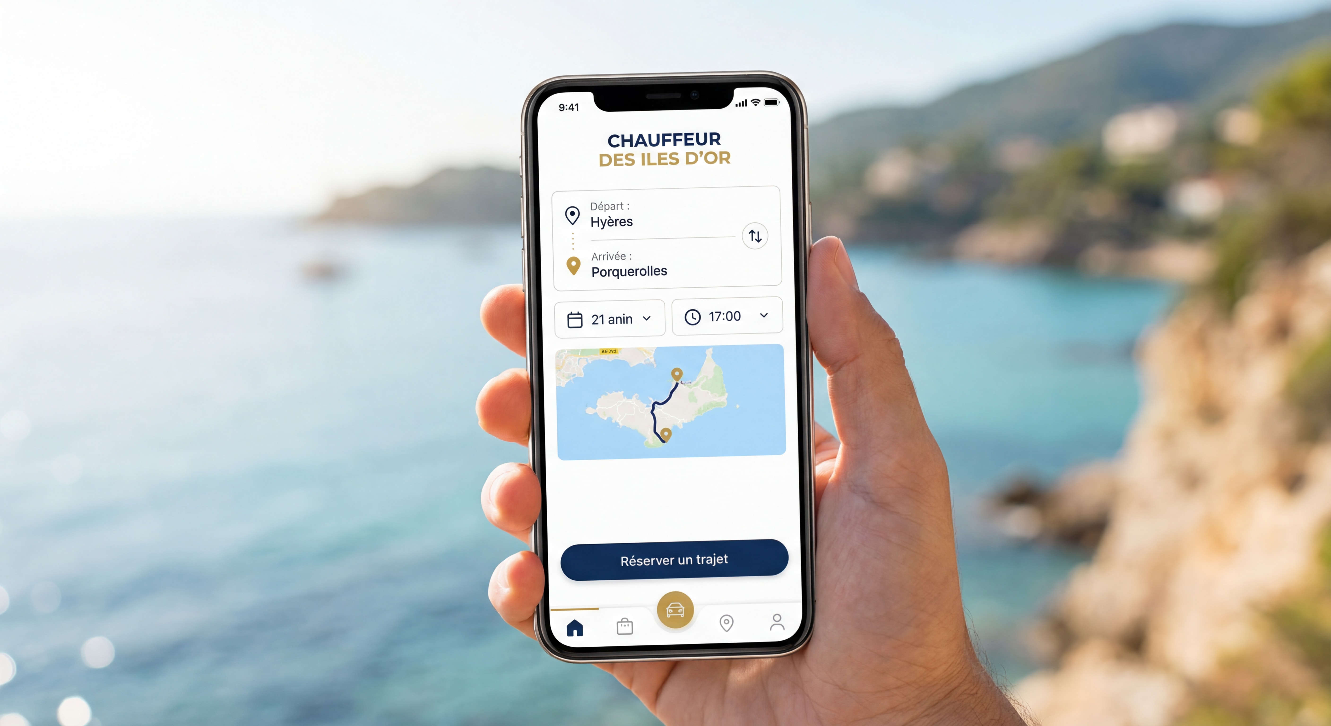 Capture d'écran de l'application mobile CHAUFFEUR DES ILES D'OR montrant l'interface de réservation simple et intuitive