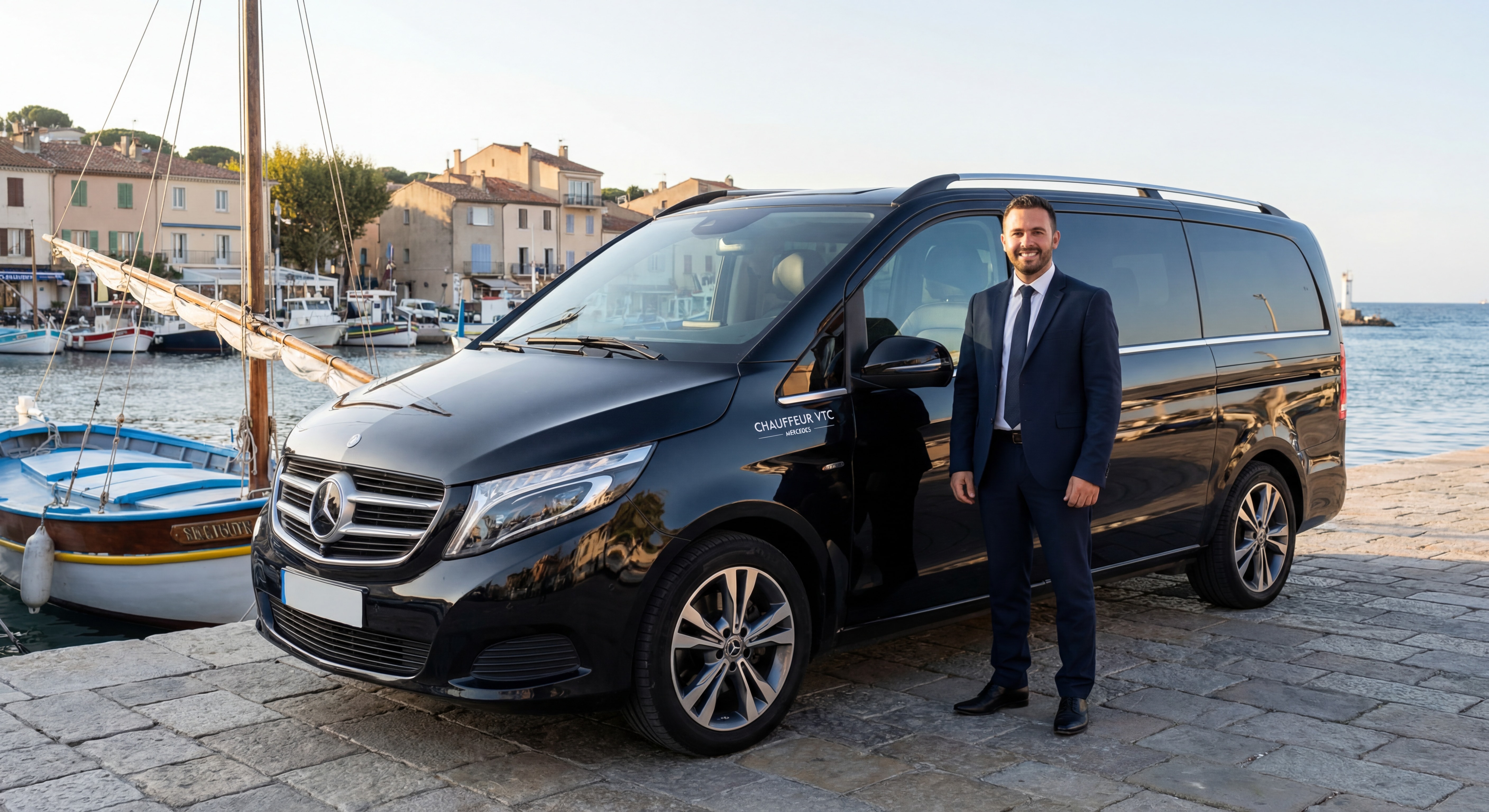 Chauffeur professionnel en costume devant le van Mercedes VTC garé au port du Pradet
