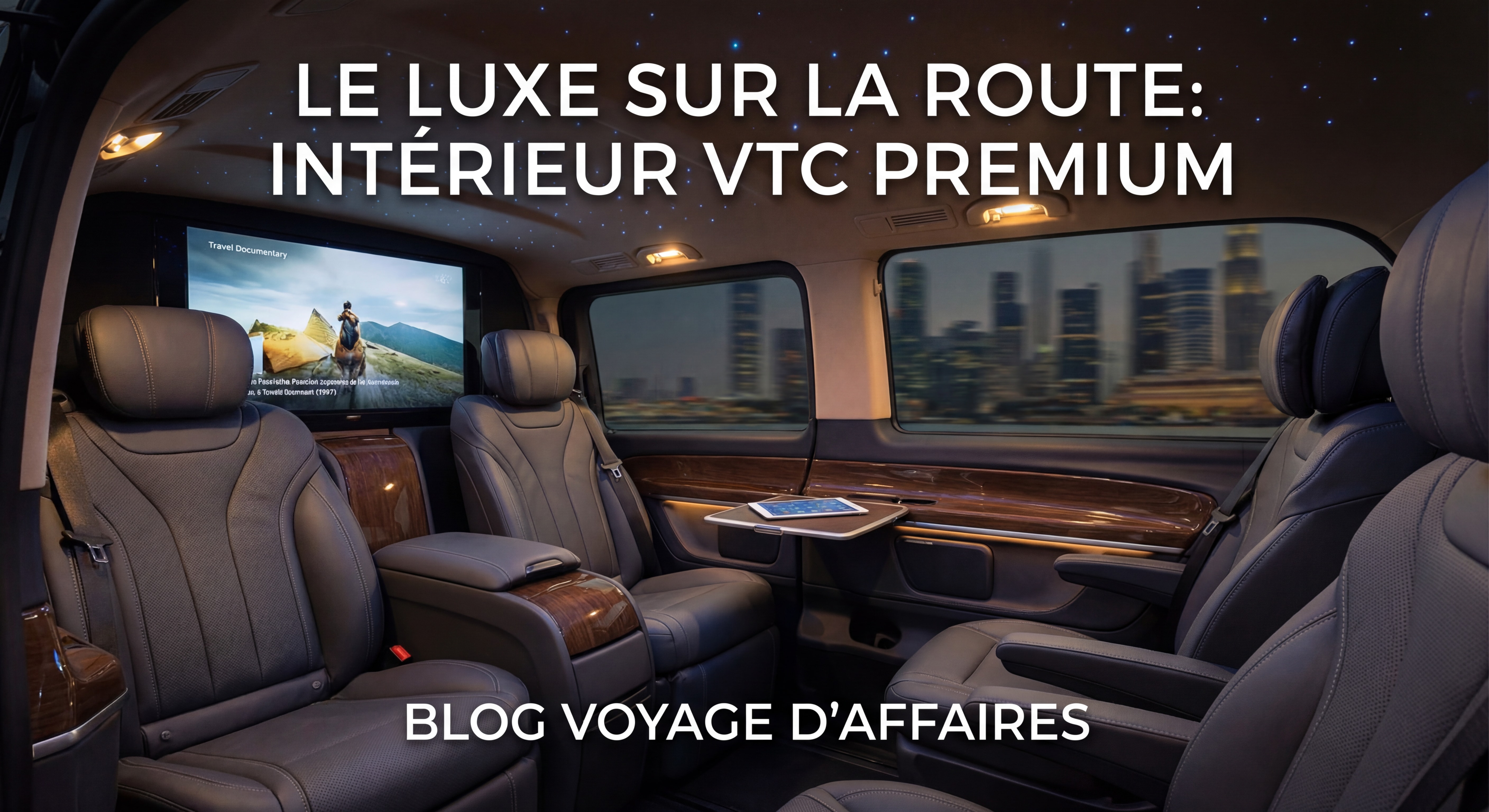 Intérieur luxueux du van Mercedes VTC avec sièges en cuir, écran TV et éclairage ambiant ciel étoilé