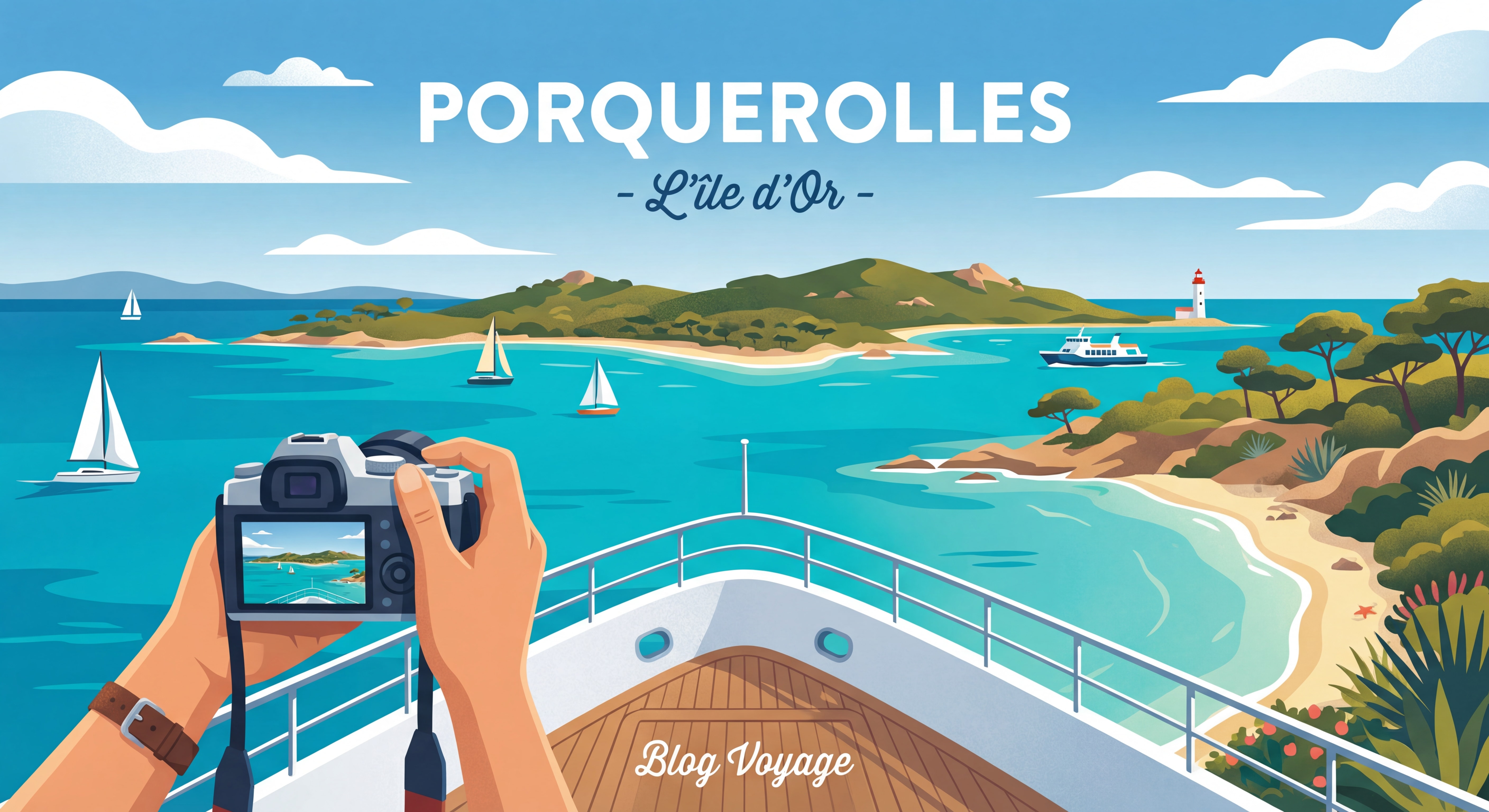 Vue panoramique sur l'île de Porquerolles depuis un bateau, eau turquoise et végétation méditerranéenne