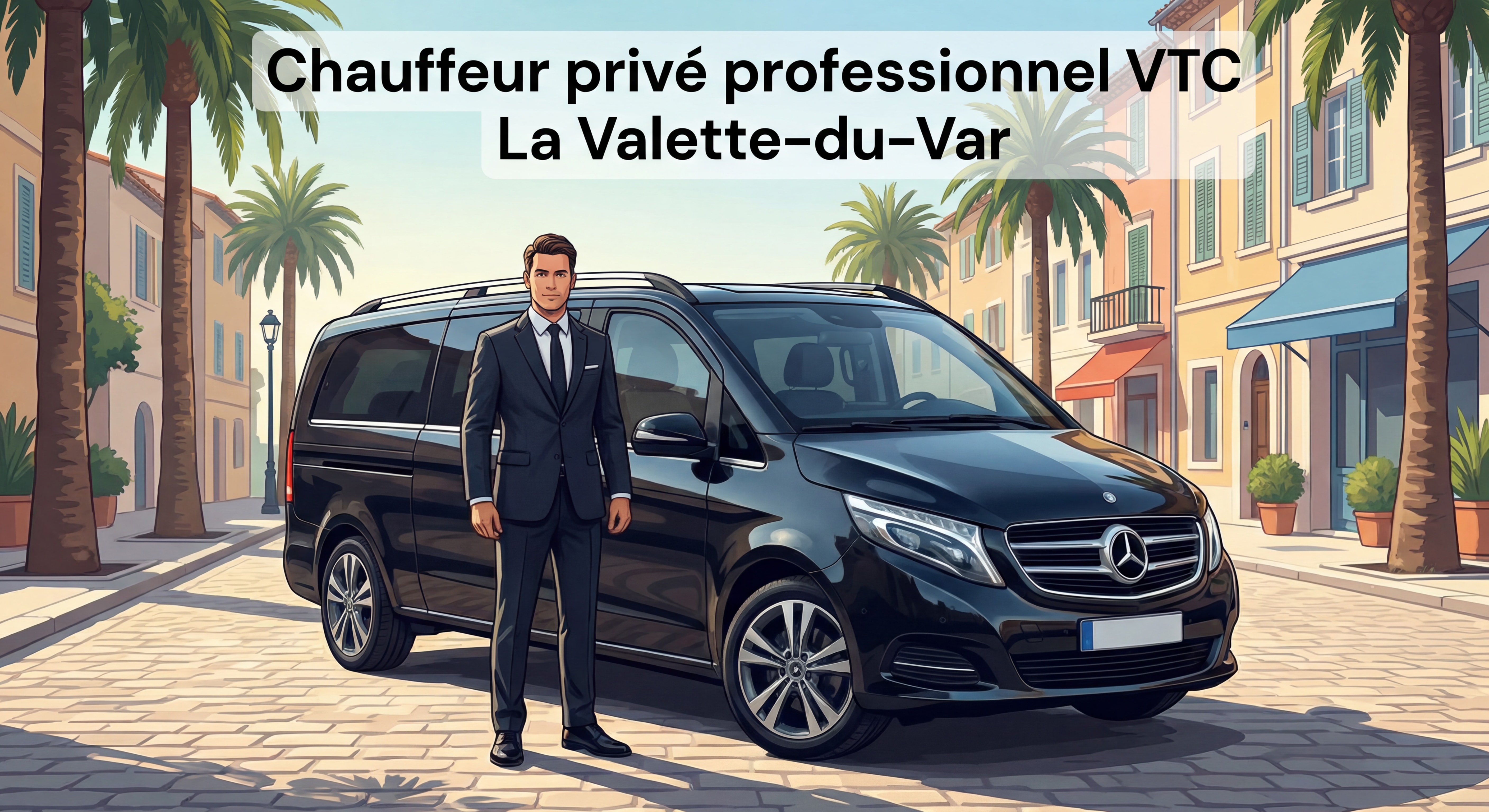 Chauffeur privé professionnel VTC La Valette-du-Var en costume devant Mercedes Classe V noire