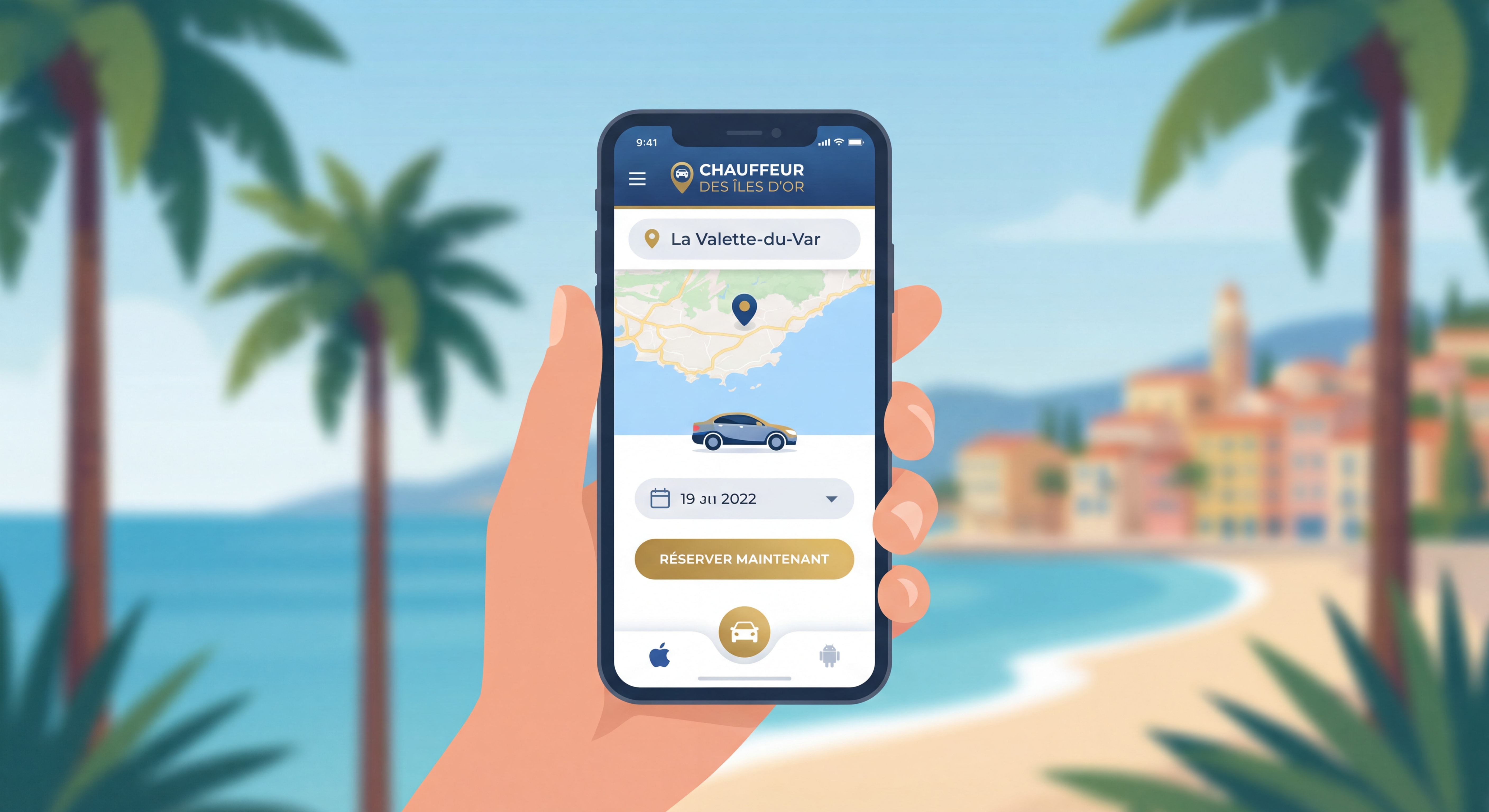 Application mobile CHAUFFEUR DES ÎLES D'OR sur smartphone - interface de réservation VTC La Valette-du-Var iOS Android