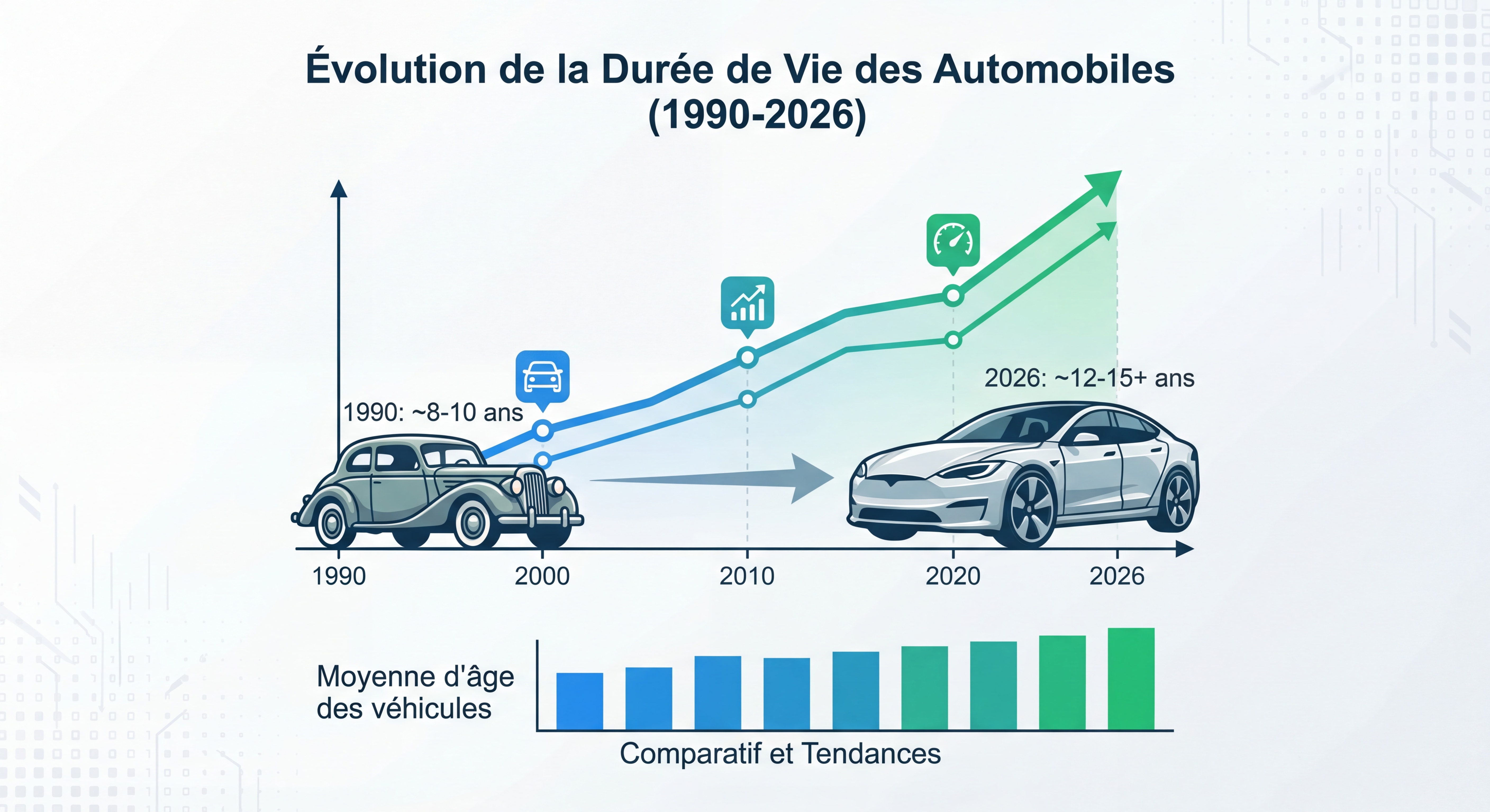 Illustration montrant l'évolution de la durée de vie des automobiles de 1990 à 2026 avec graphique comparatif