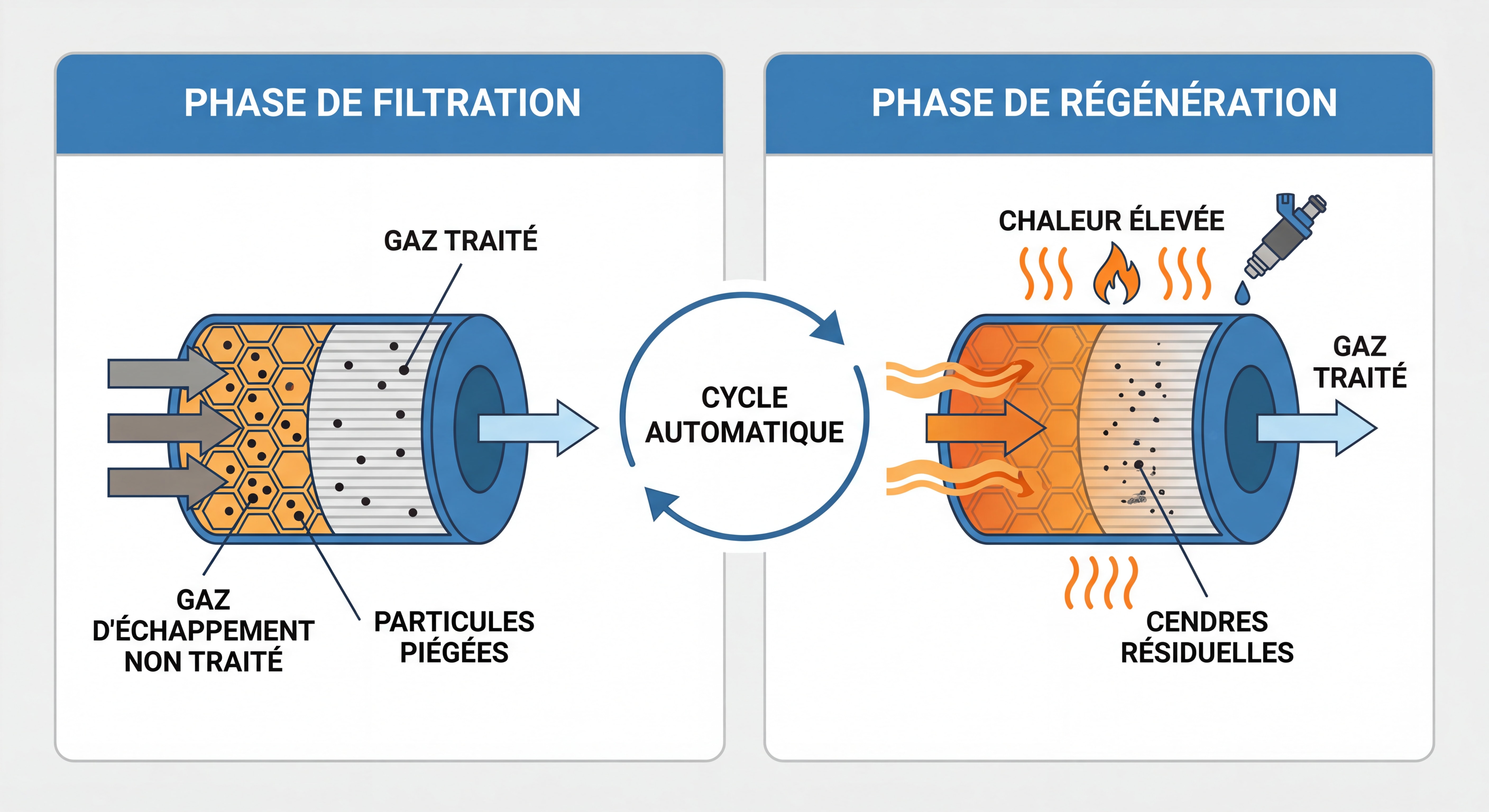 Schéma illustrant le fonctionnement d'un filtre à particules diesel avec les phases de filtration et régénération