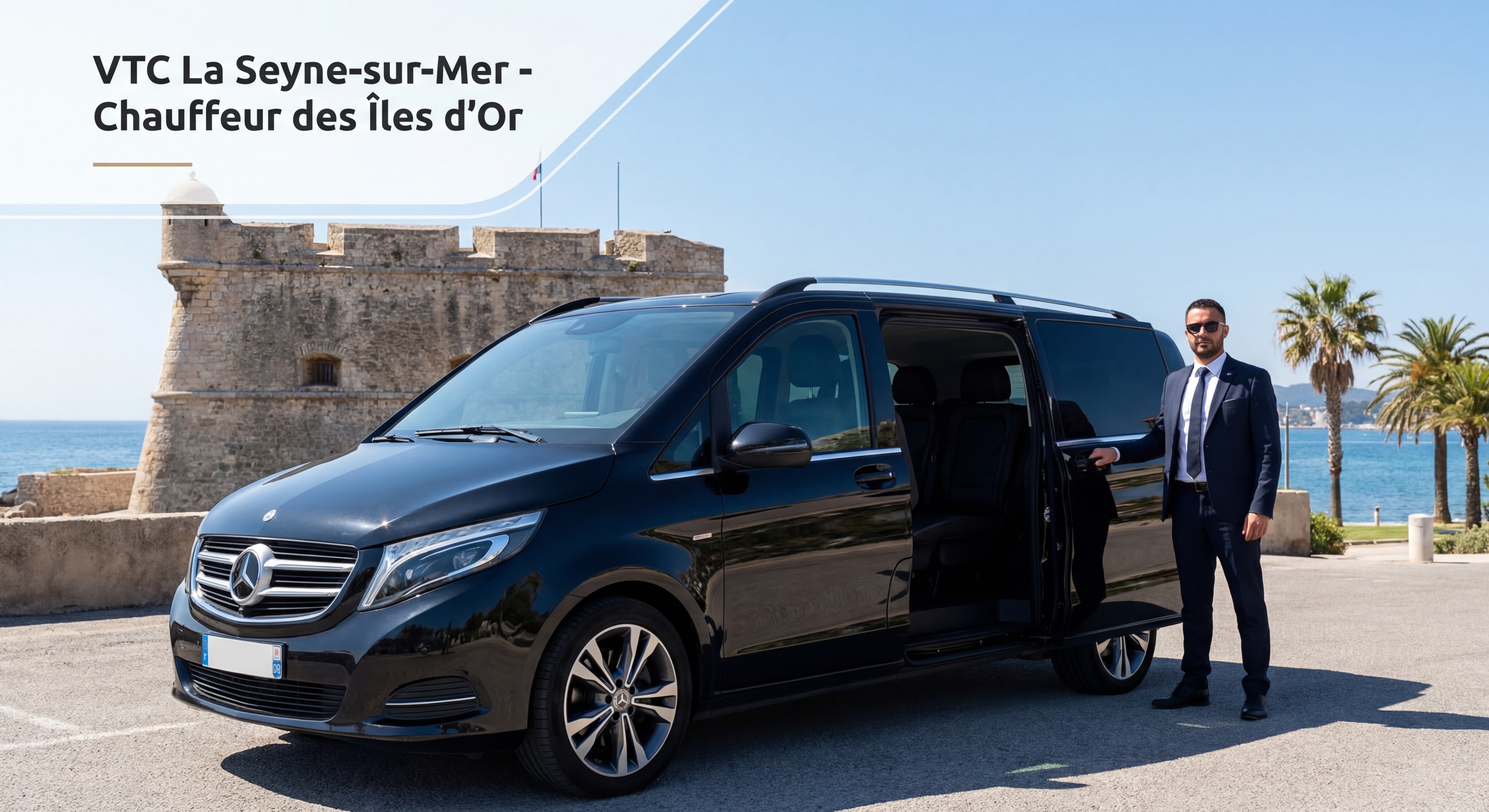VTC La Seyne-sur-Mer - Van Mercedes noir premium Chauffeur des Îles d'Or avec chauffeur en costume devant Fort Balaguier