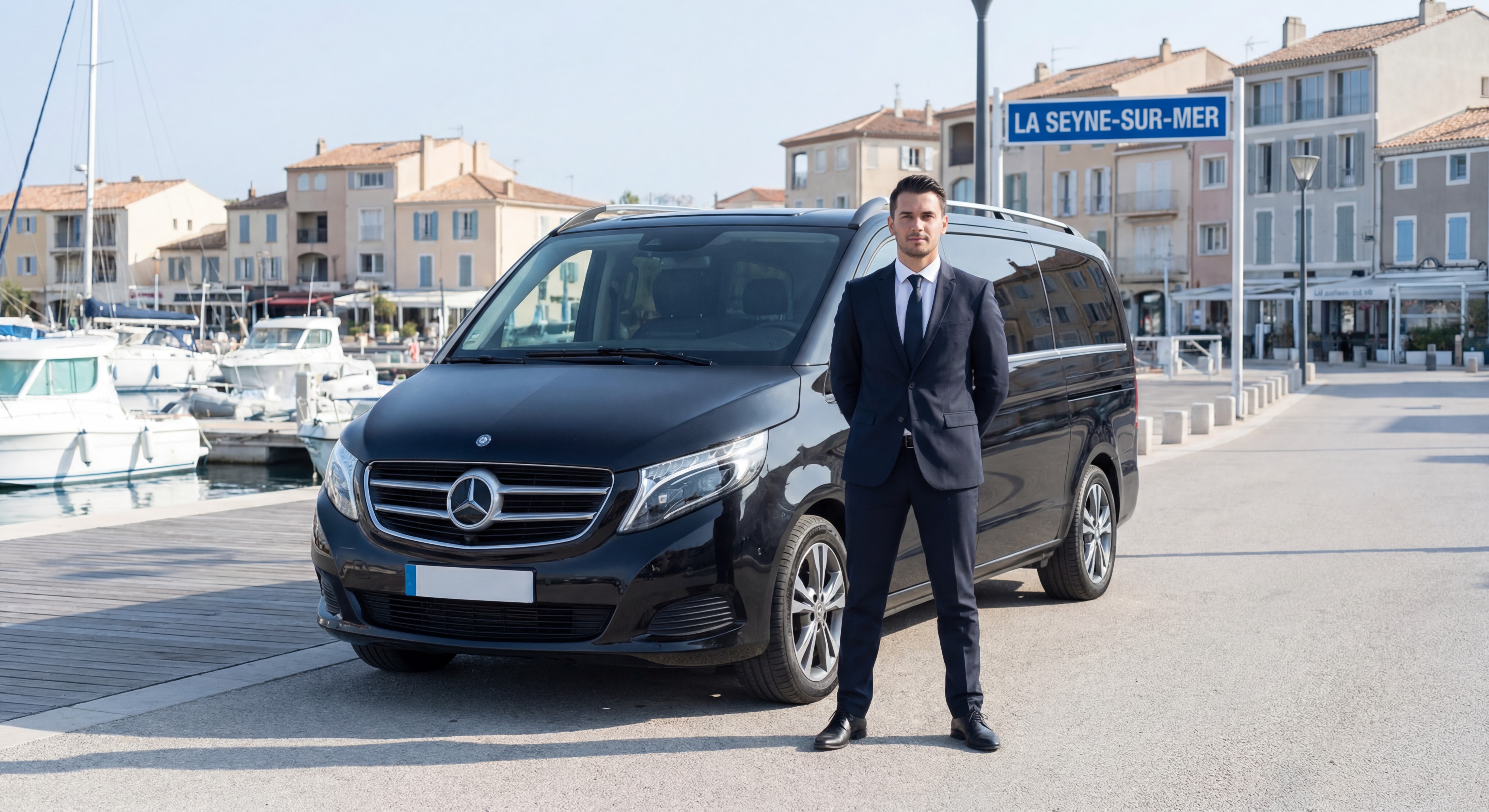 Chauffeur professionnel VTC La Seyne-sur-Mer en costume noir devant van Mercedes