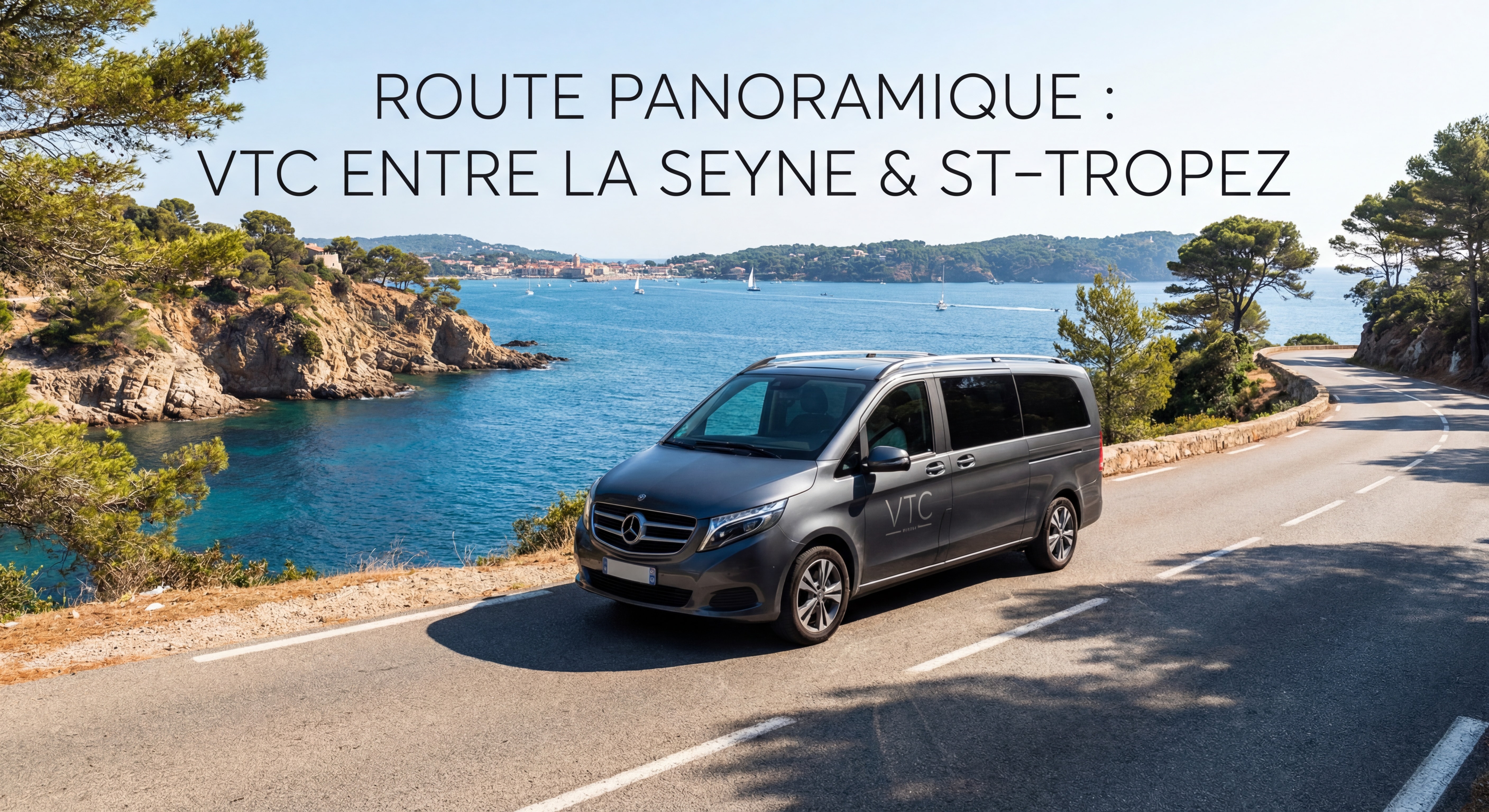 Van Mercedes VTC sur route côtière panoramique entre La Seyne-sur-Mer et Saint-Tropez