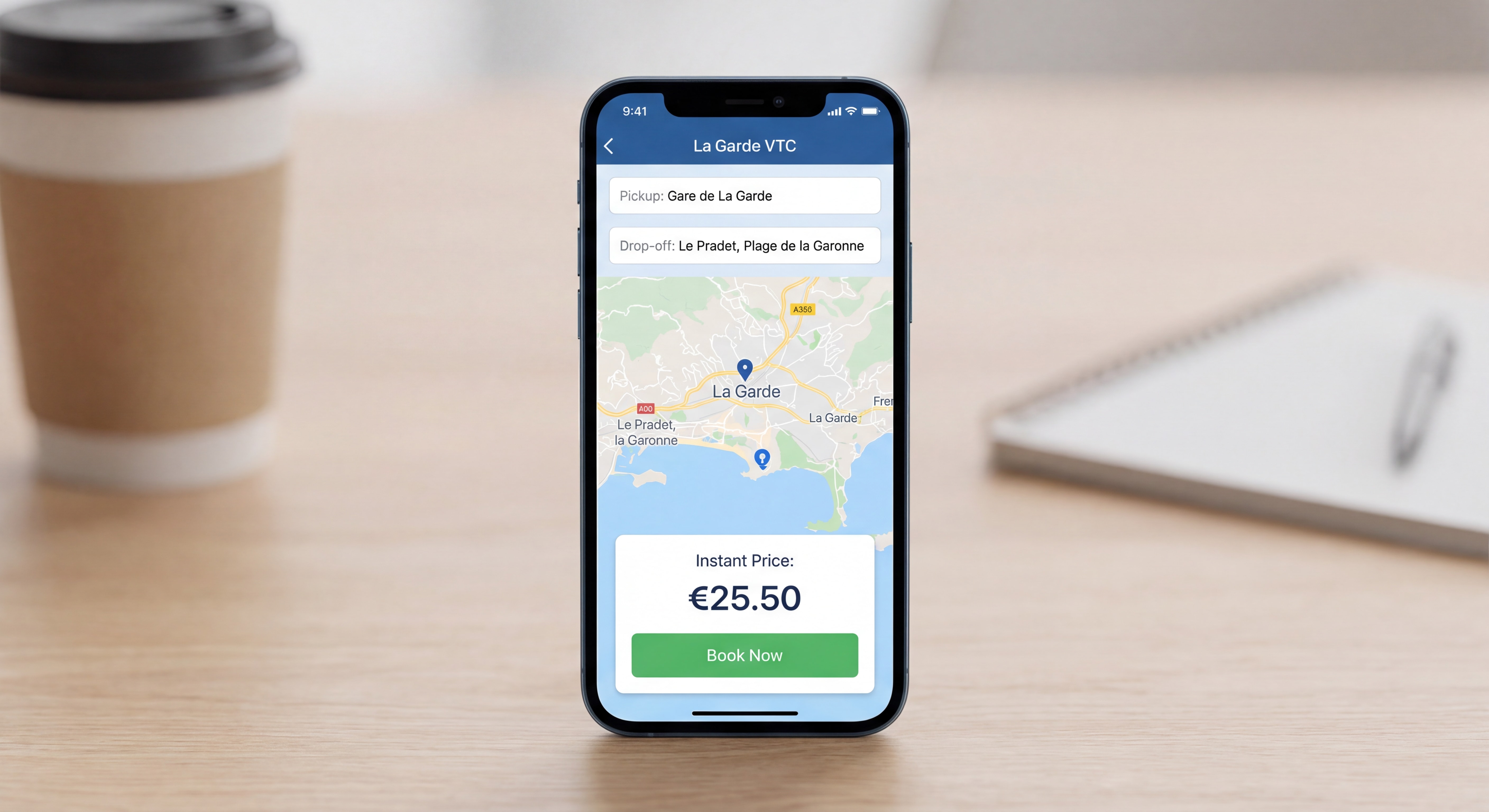 Capture d'écran application mobile iOS réservation VTC La Garde avec interface de calcul de prix instantané